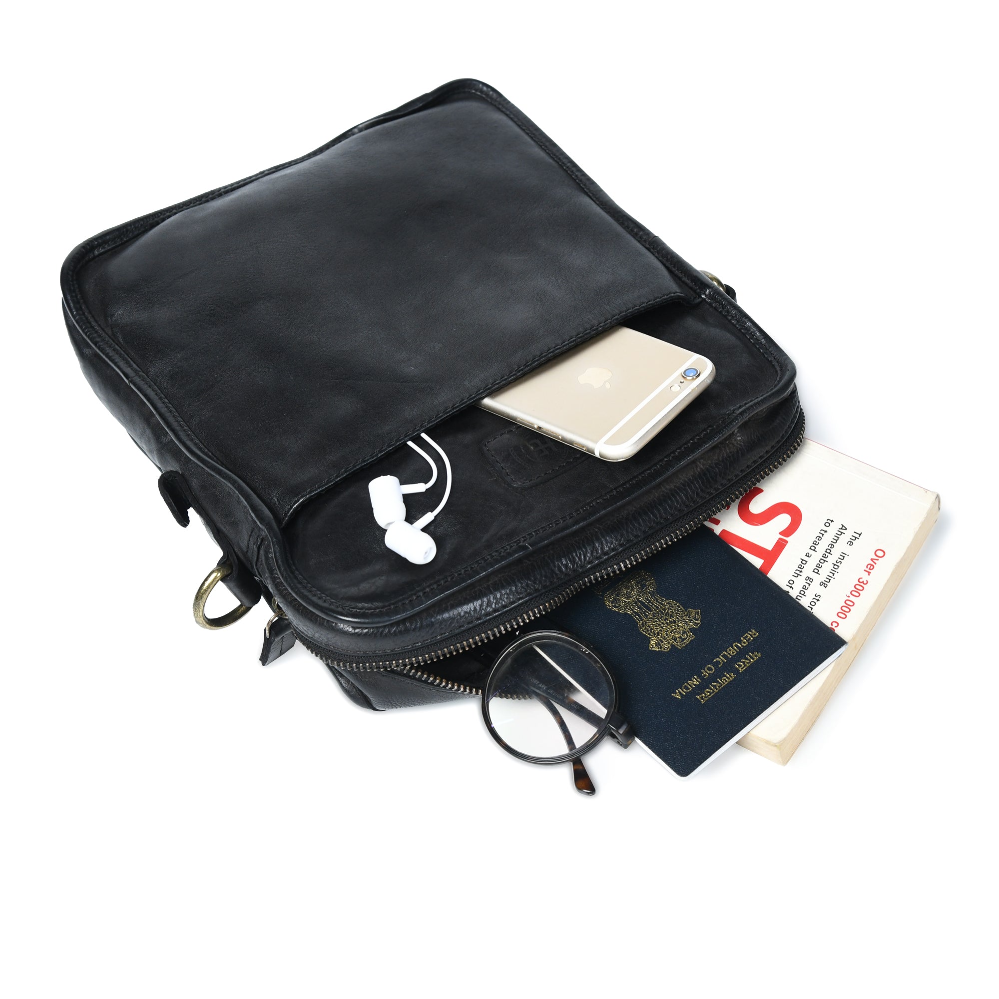 Verdant Trail Leather Sling Bag – Black Colour