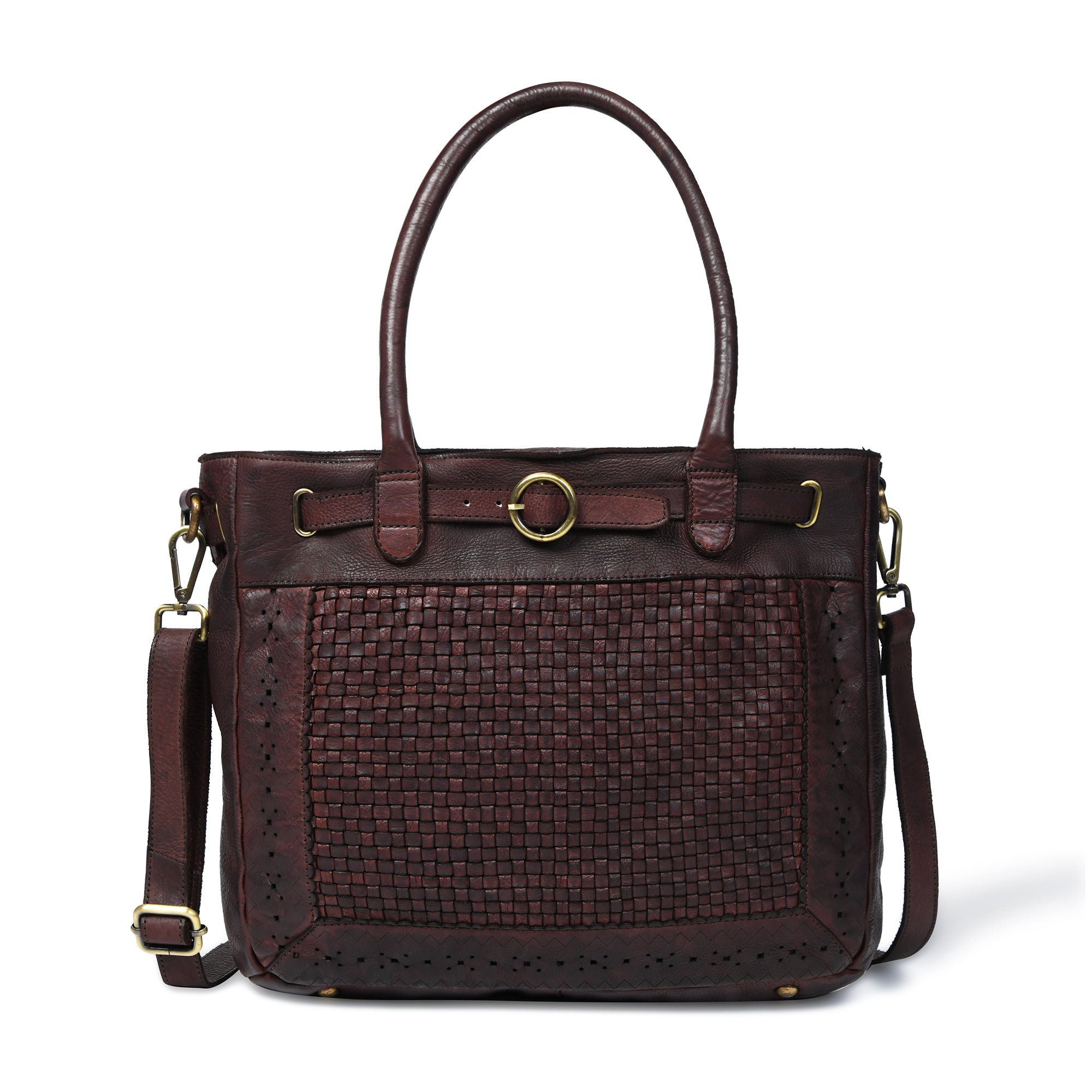 Vintage Woven Espresso Leather Women's Handbag