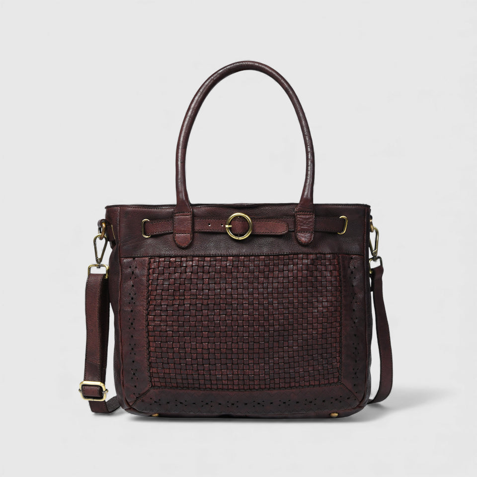 Vintage Woven Espresso Leather Women's Handbag - Maroon color