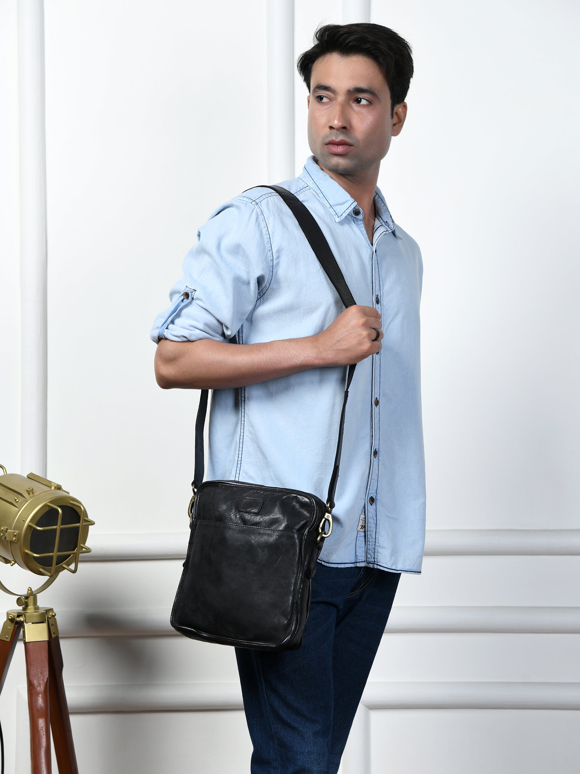 Verdant Trail Leather Sling Bag – Black Colour