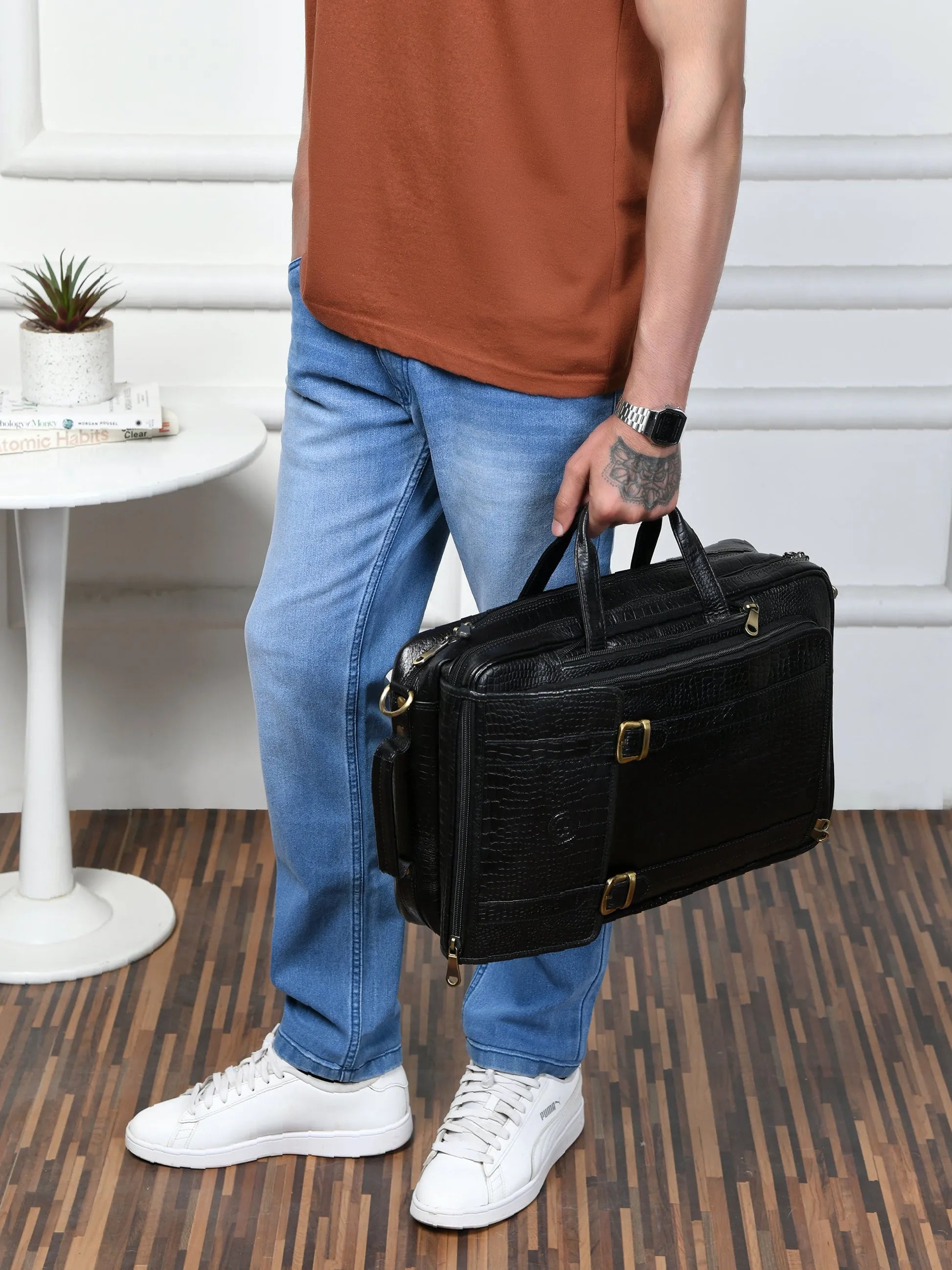 Heritage Voyager Convertible Leather Backpack – Croco Textured Laptop Backpack & Briefcase | Black colour