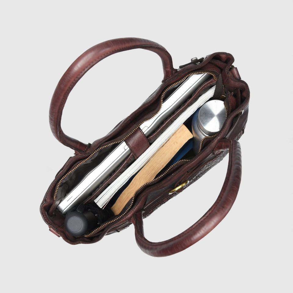 Vintage Woven Espresso Leather Women's Handbag - Maroon color