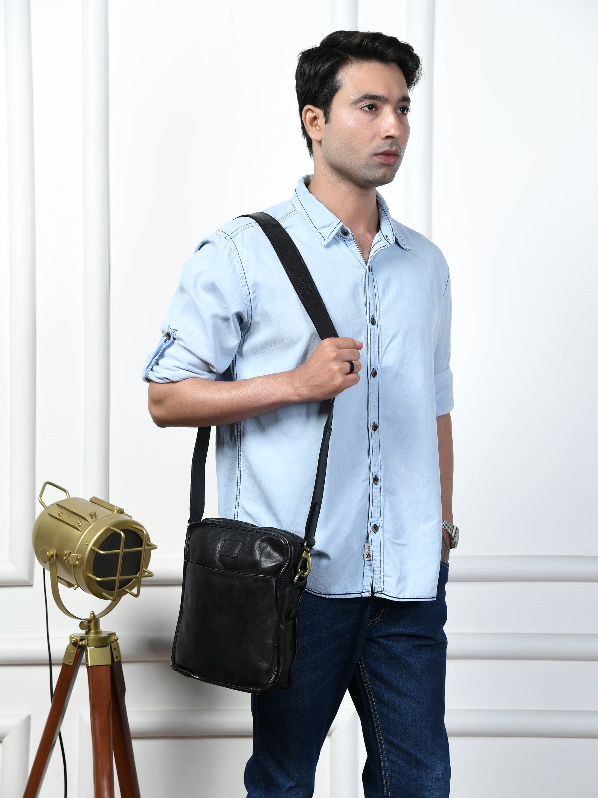 Verdant Trail Leather Sling Bag – Black Colour
