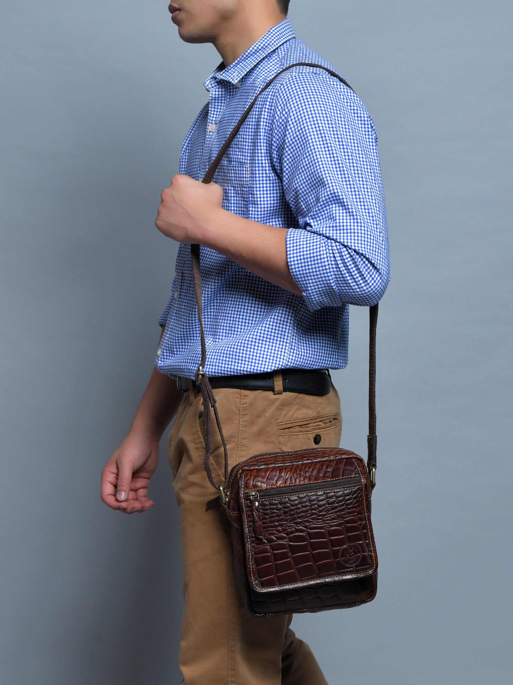 Croc-Embossed Vintage Leather Sling Bag