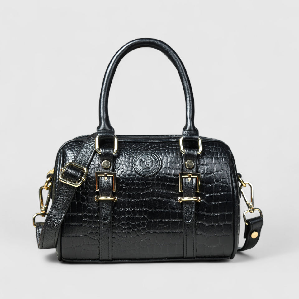 Emerald Luxe Croc Satchel Bag - Black Colour
