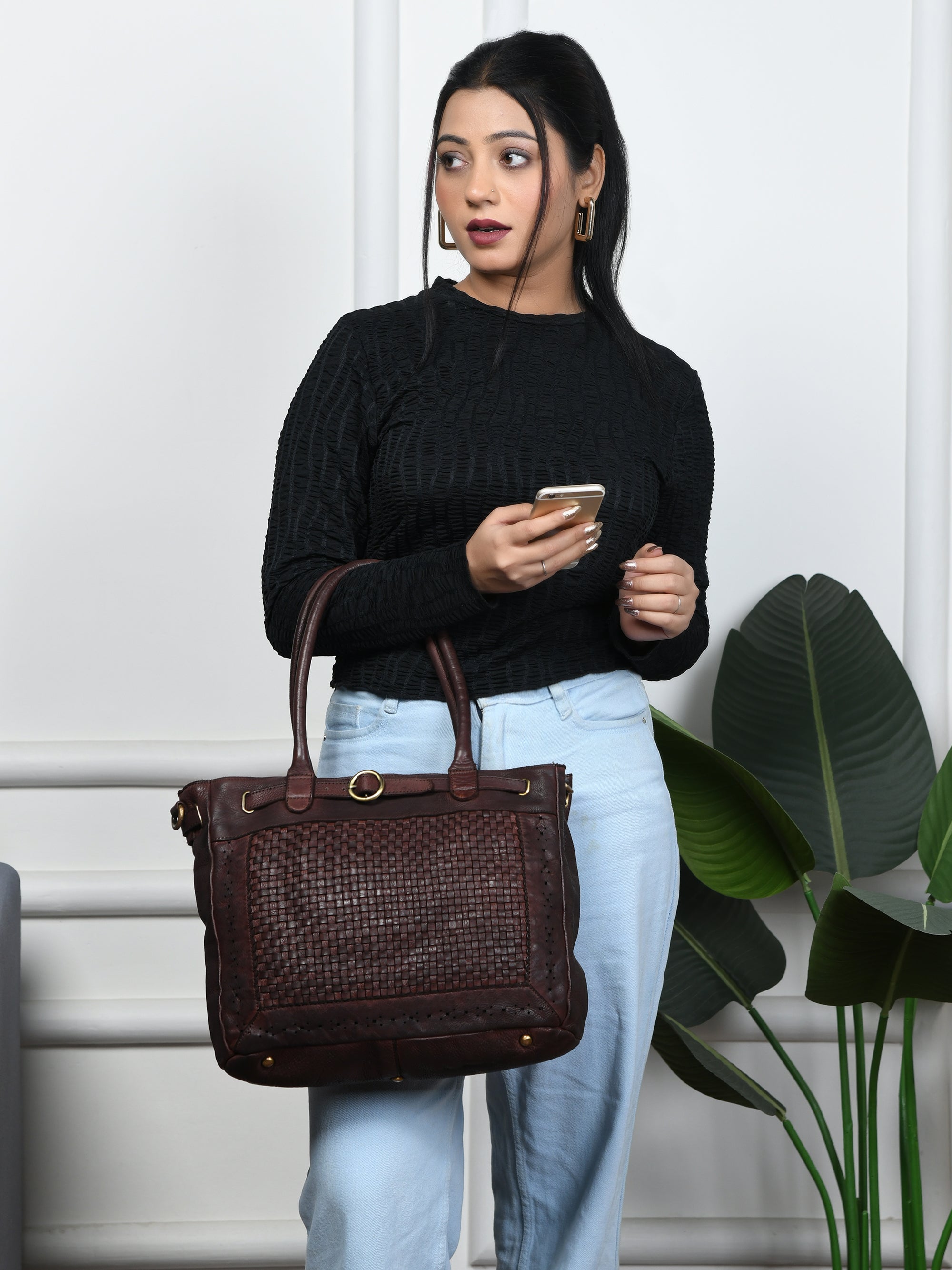 Vintage Woven Espresso Leather Women's Handbag