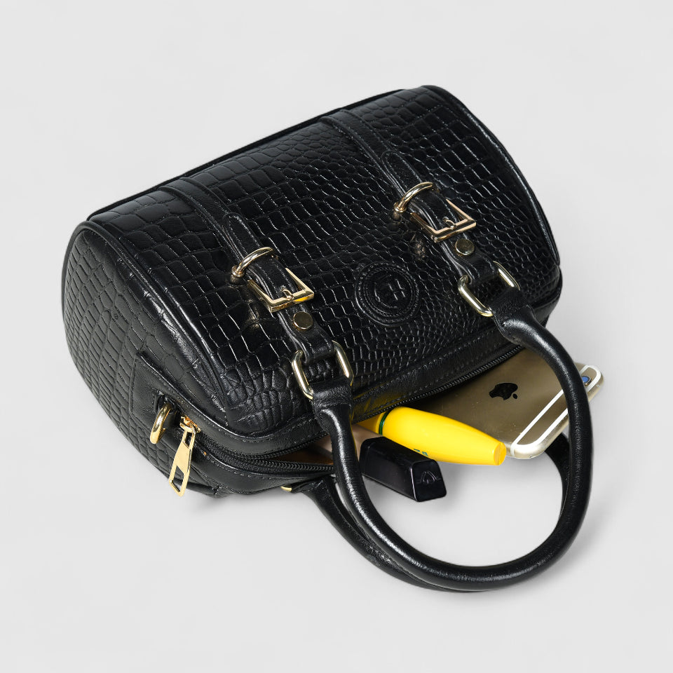 Emerald Luxe Croc Satchel Bag - Black Colour