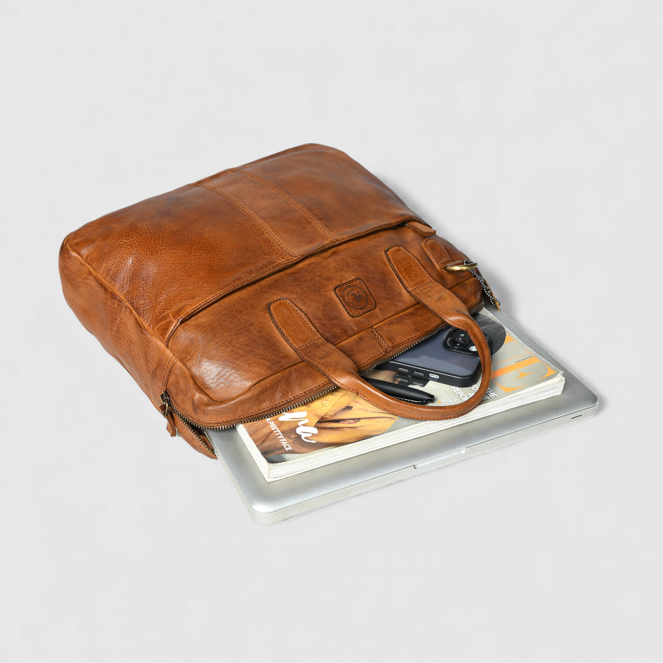 Voyager Premium Leather Laptop Bag - Tan Colour