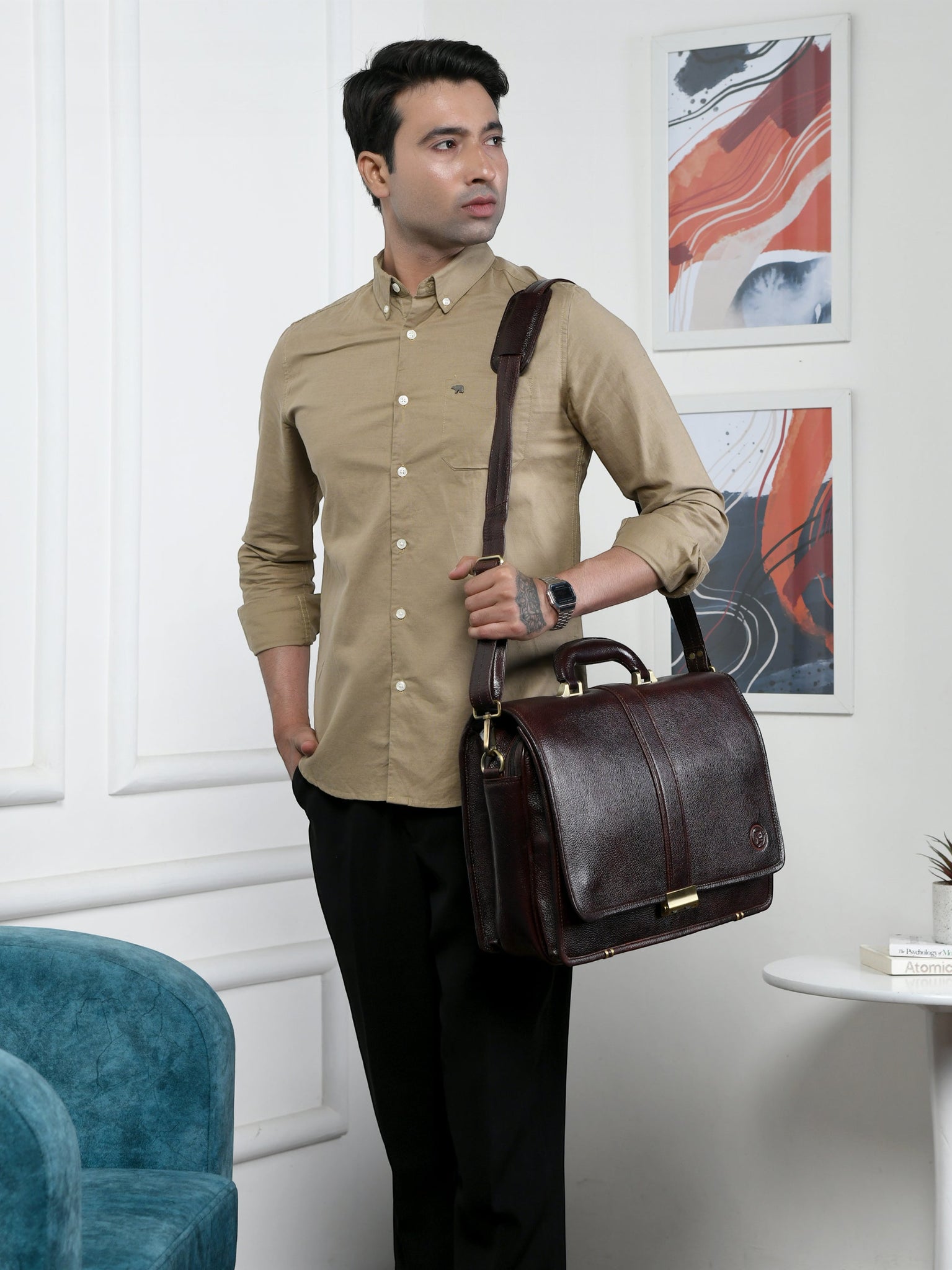 Executive Vintage Leather Briefcase – Multi-Compartment Office & Laptop Bag | Maroon colour