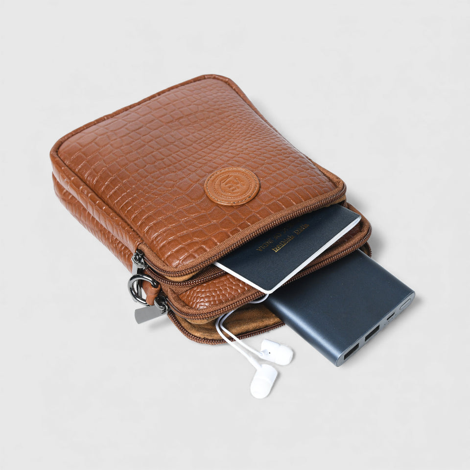 Croc Luxe Leather Sling Bag – Tan Colour