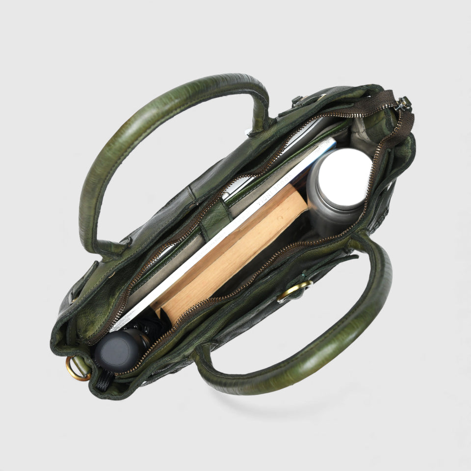 Vintage Woven Espresso Leather Women's Handbag - Olive Colour