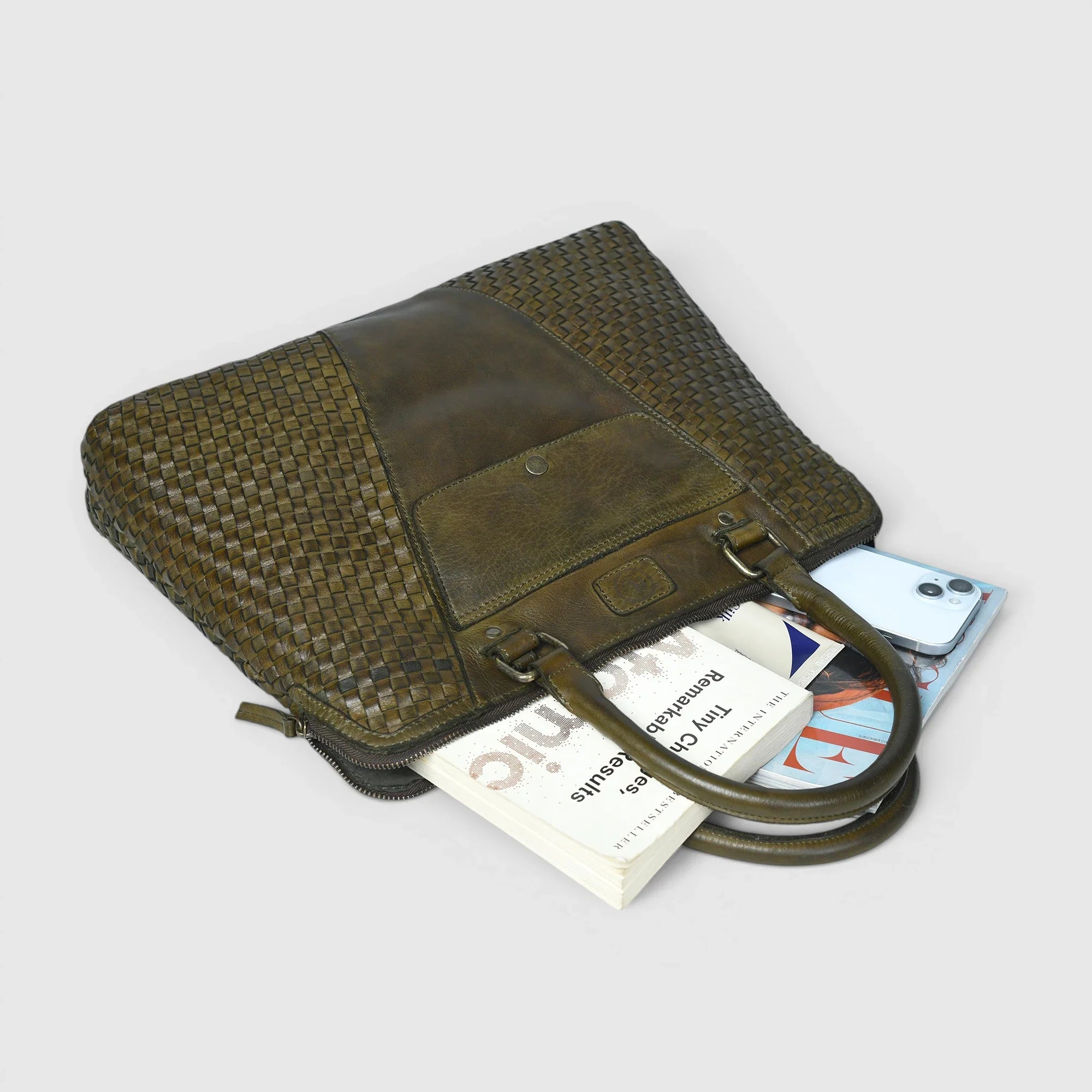 Verona Woven Leather Work Tote – Olive Green