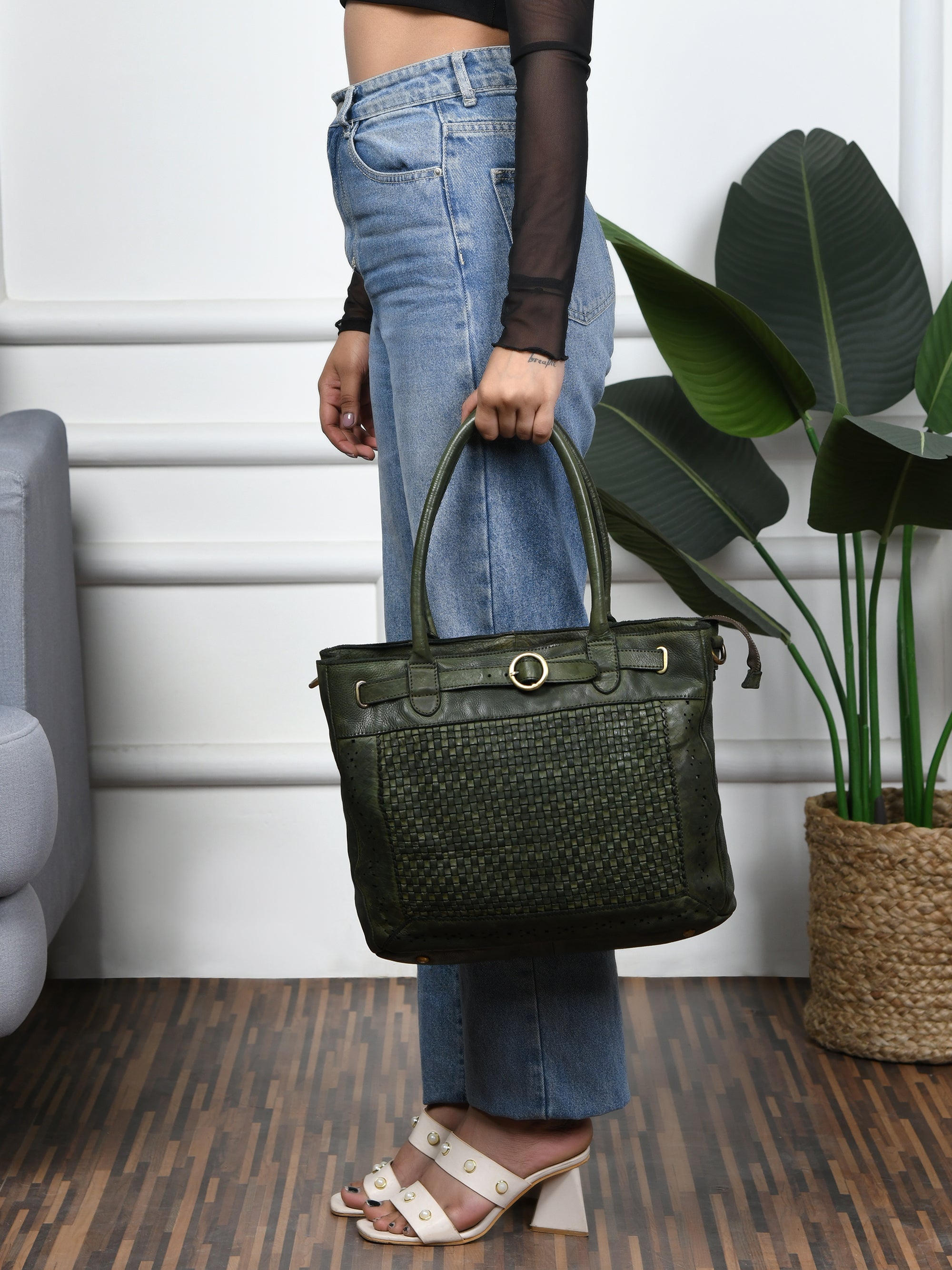 Vintage Woven Espresso Leather Women's Handbag