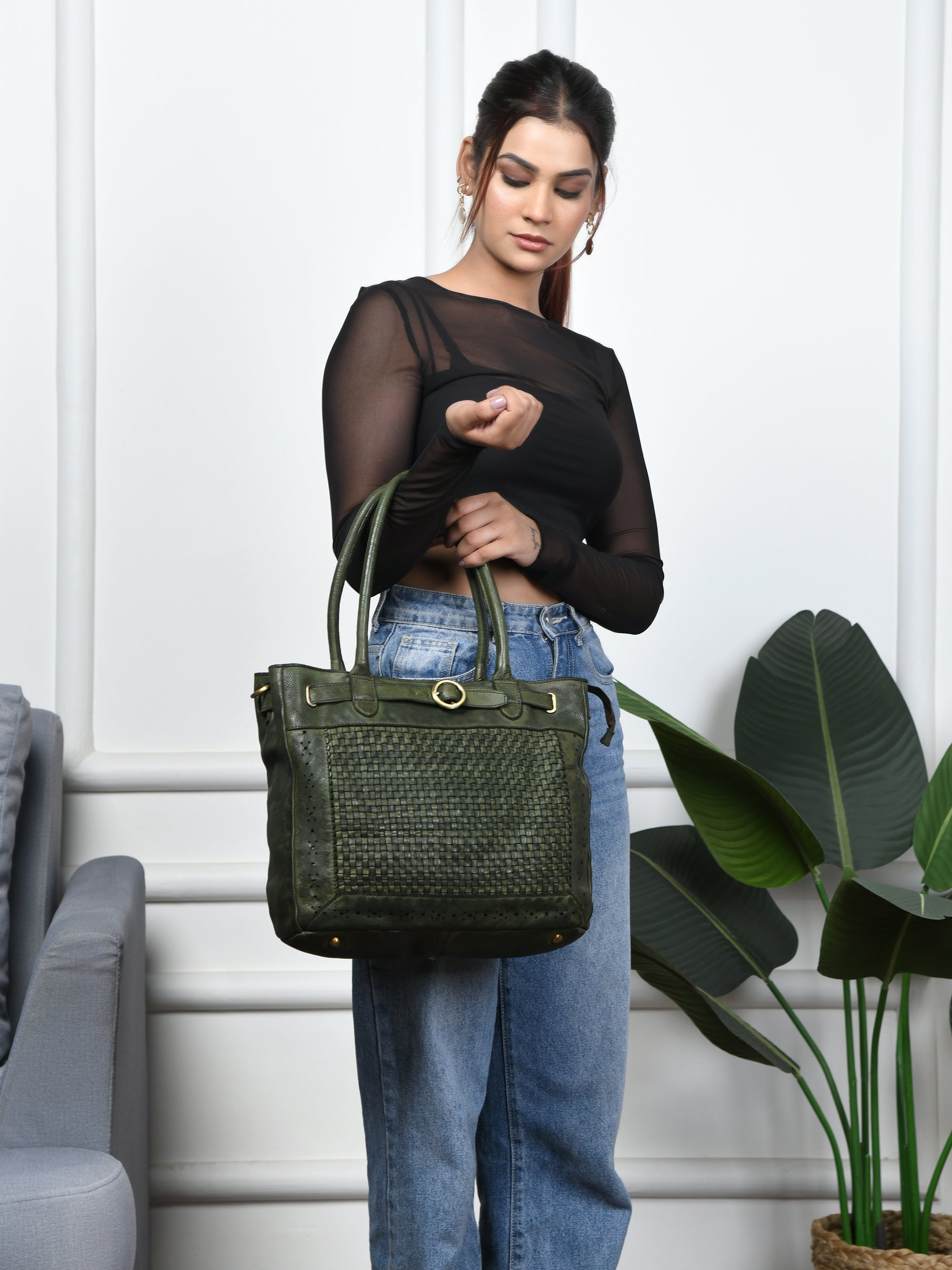 Vintage Woven Espresso Leather Women's Handbag