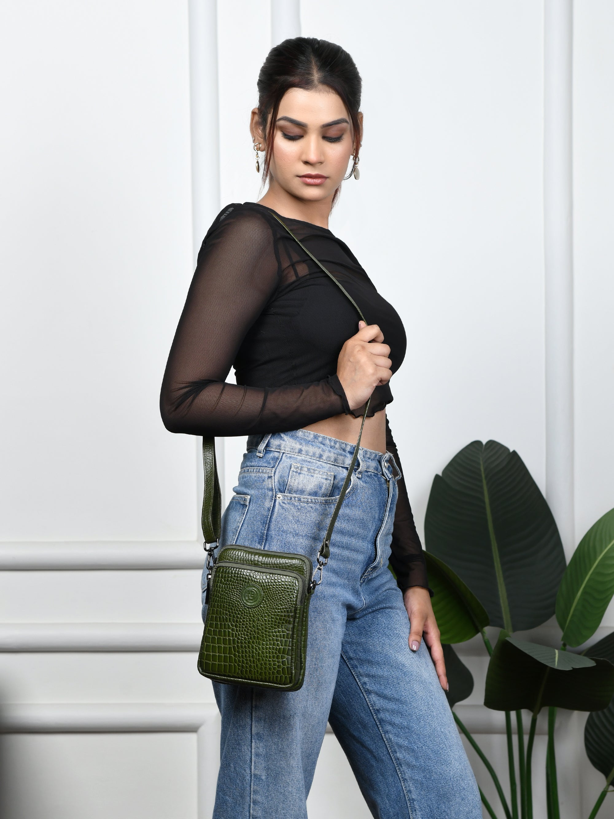 Croc Luxe Leather Sling Bag – Olive Colour