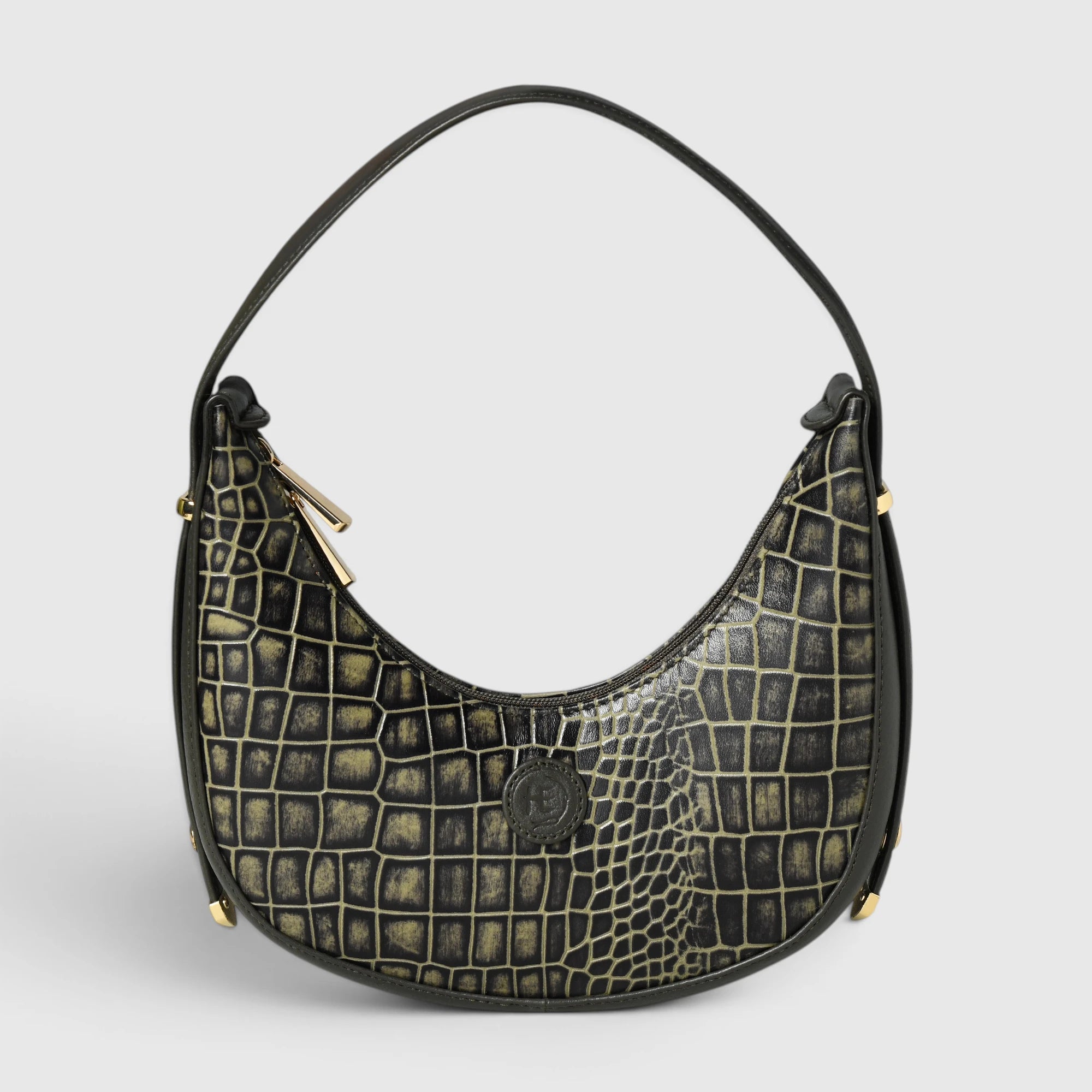 Noir Croco Vintage Crescent Shoulder Bag – Black Gold Colour