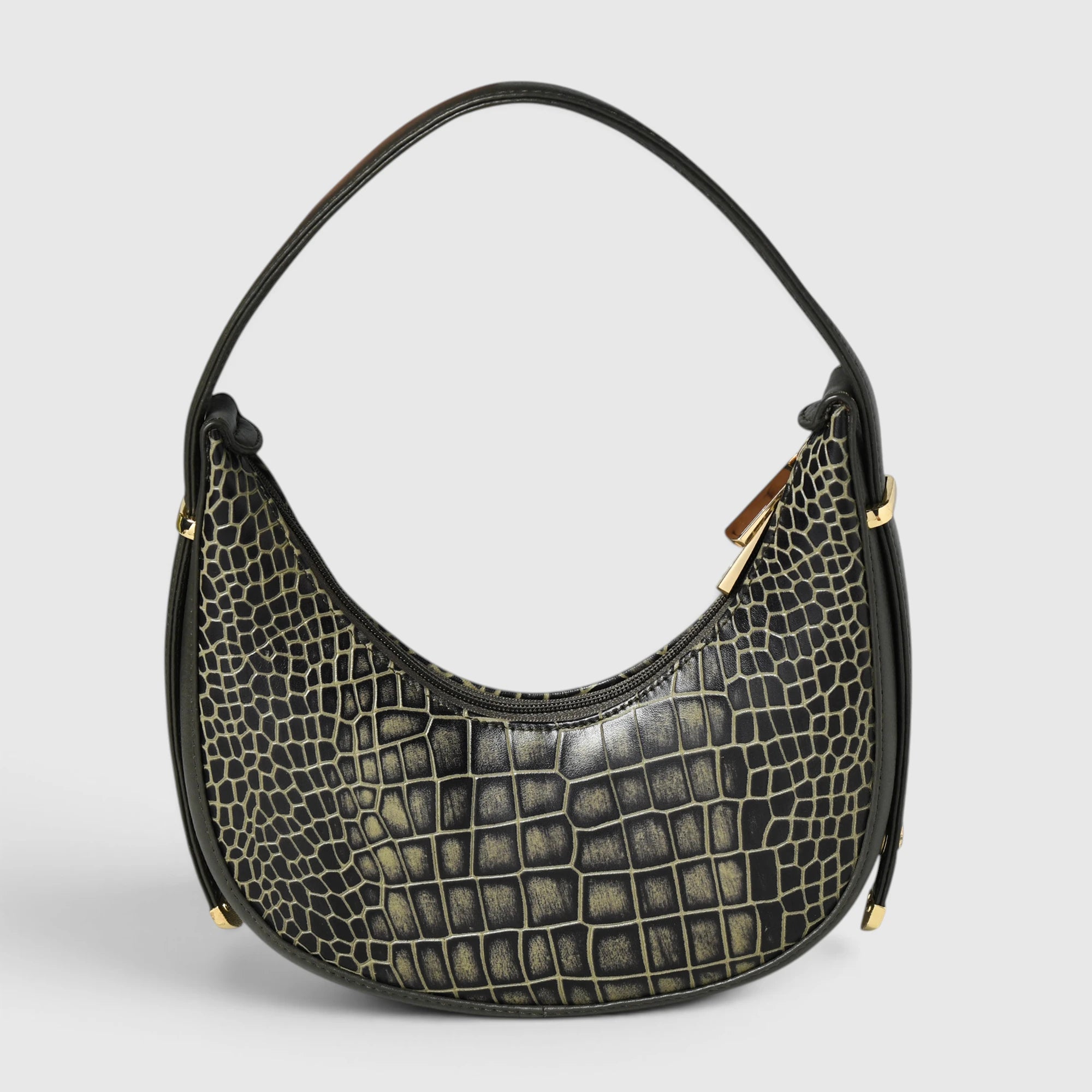 Noir Croco Vintage Crescent Shoulder Bag – Black Gold Colour