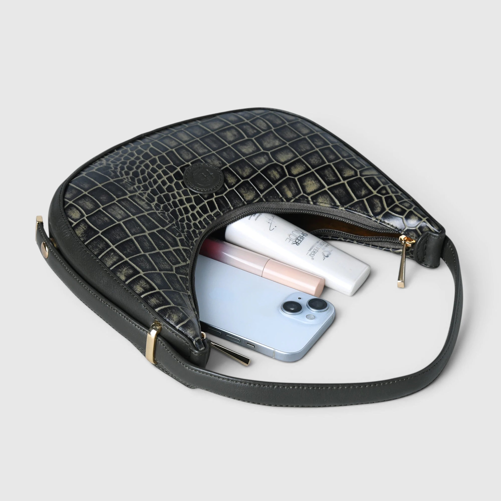 Noir Croco Vintage Crescent Shoulder Bag – Black Gold Colour