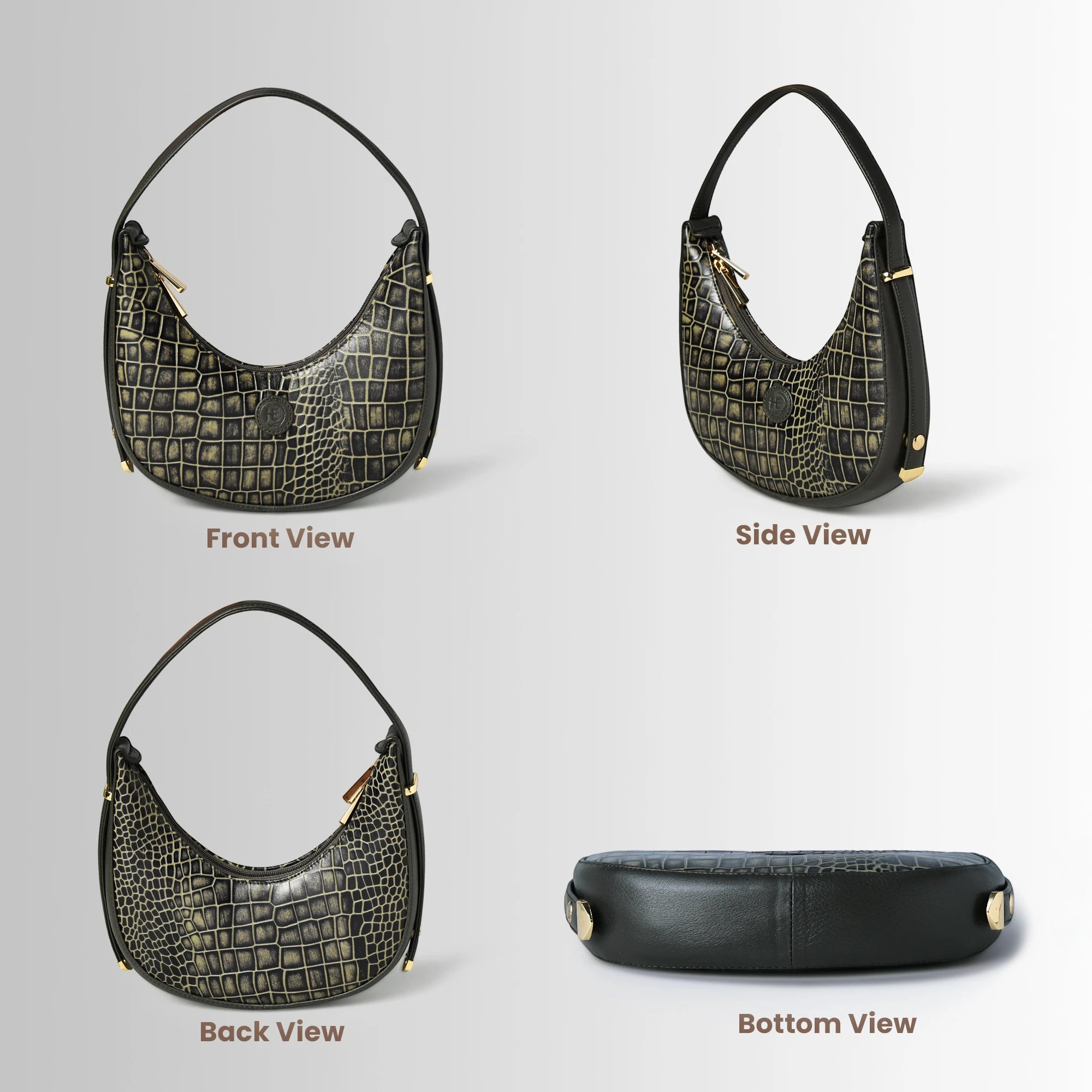 Noir Croco Vintage Crescent Shoulder Bag – Black Gold Colour