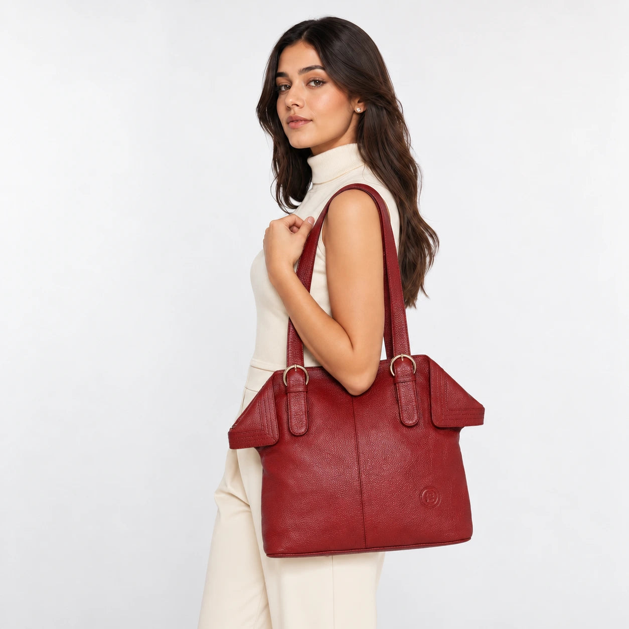 Aveline Leather Shoulder Tote – Cherry Red