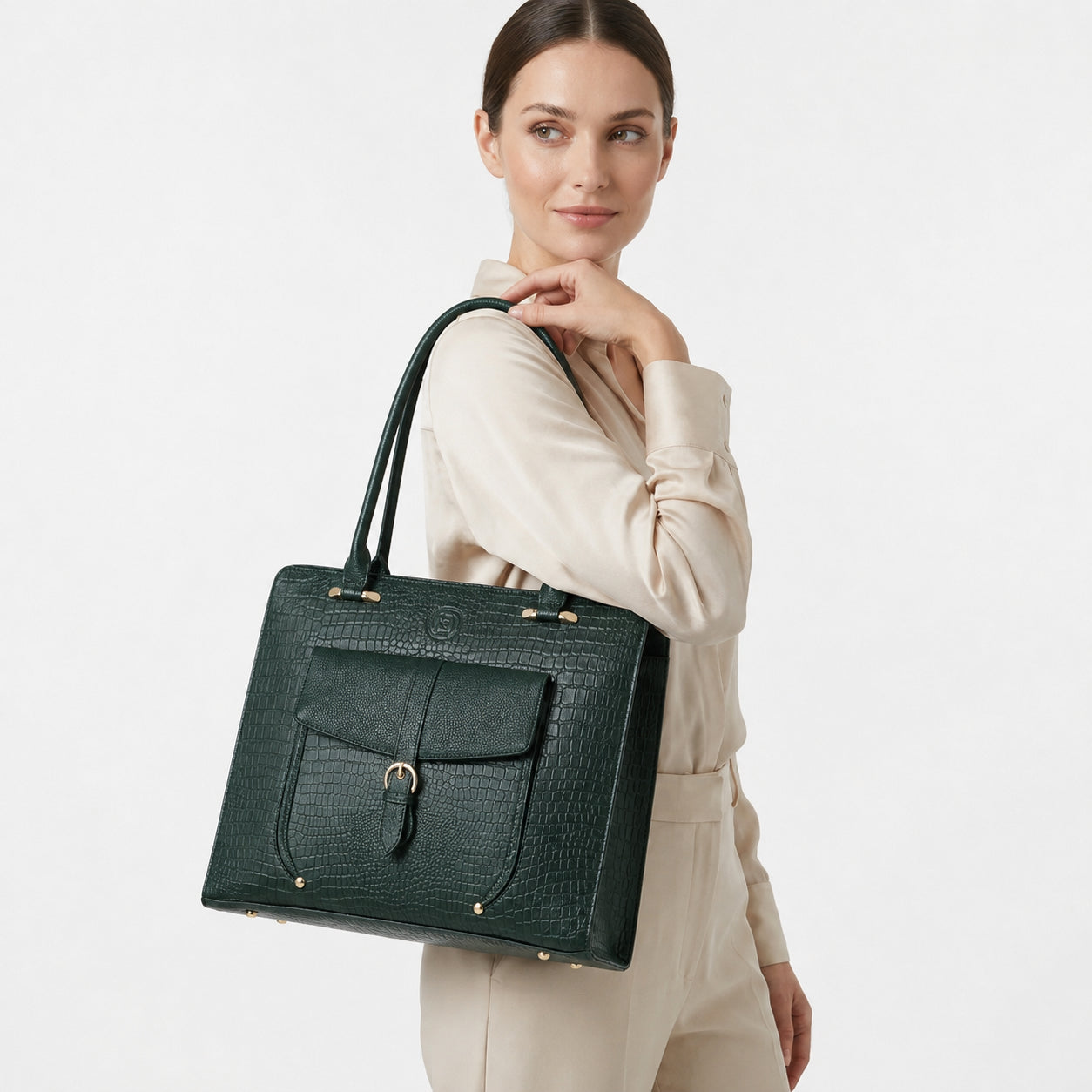 Verona Croco Office Tote - Forest Green
