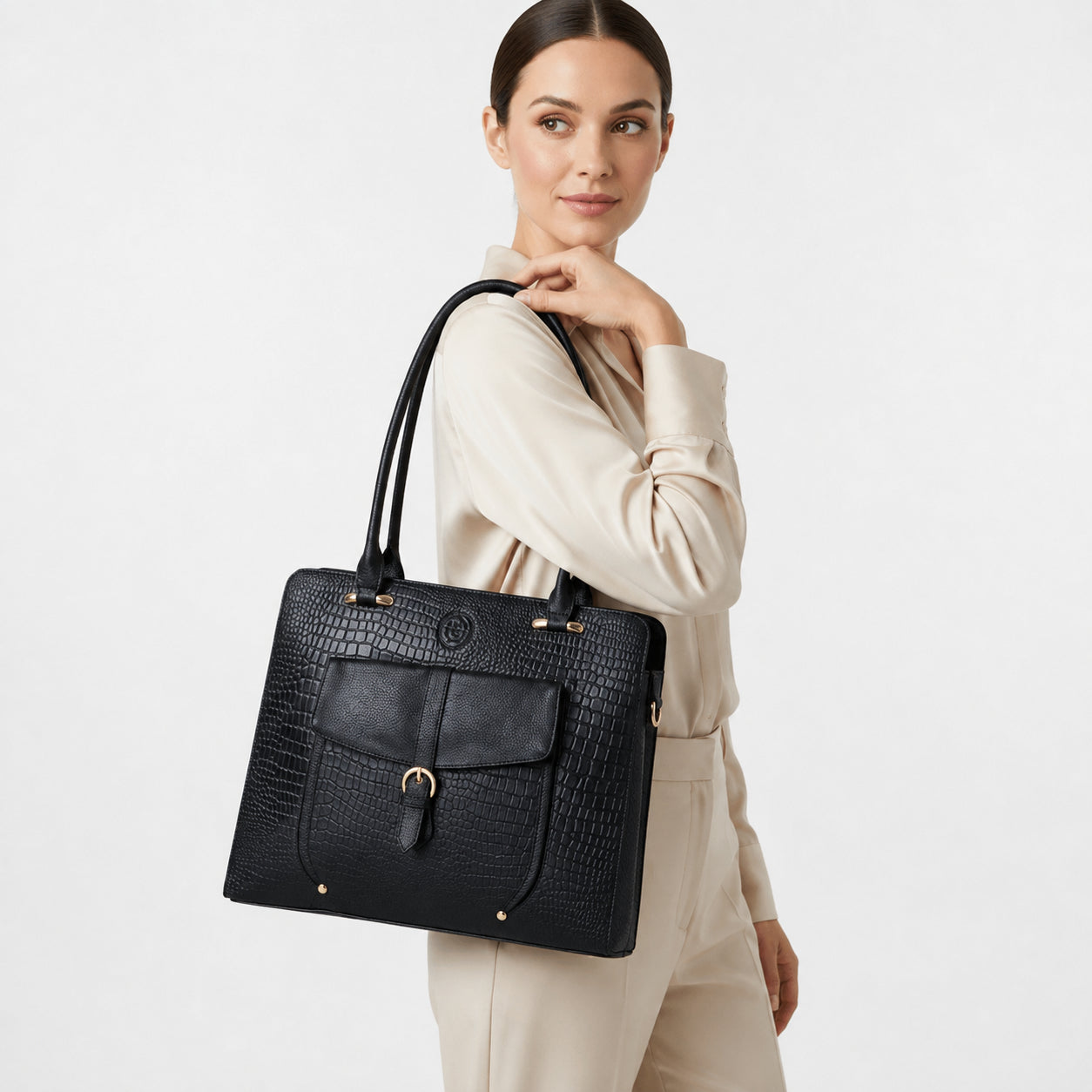 Verona Croco Office Tote - Midnight Black