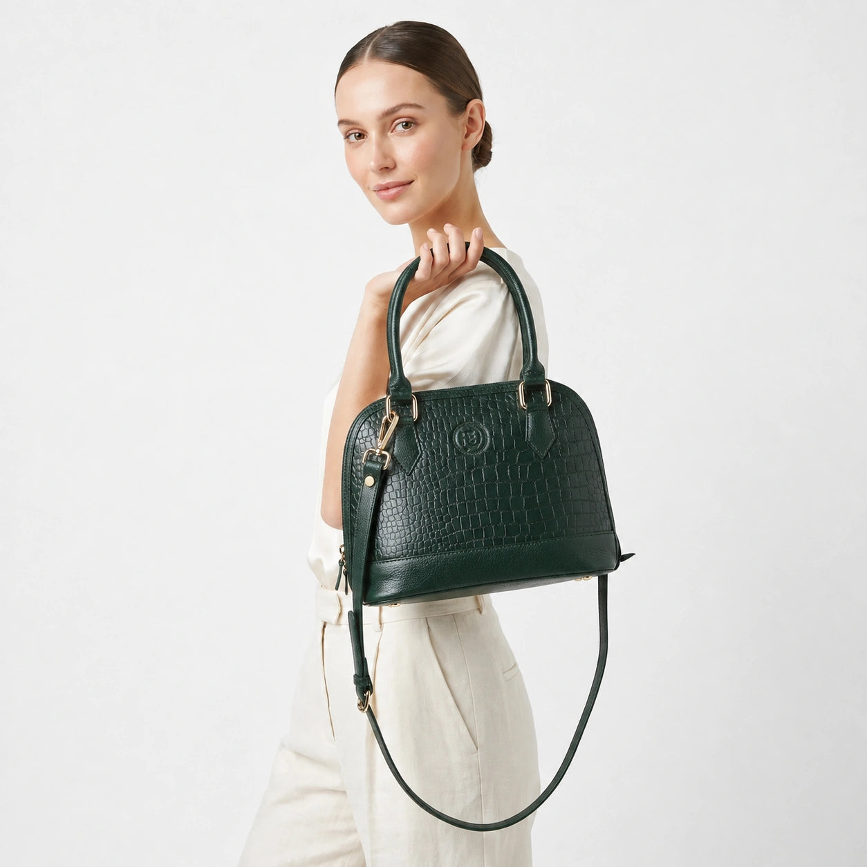 Monroe Croco Leather Satchel - Forest Green