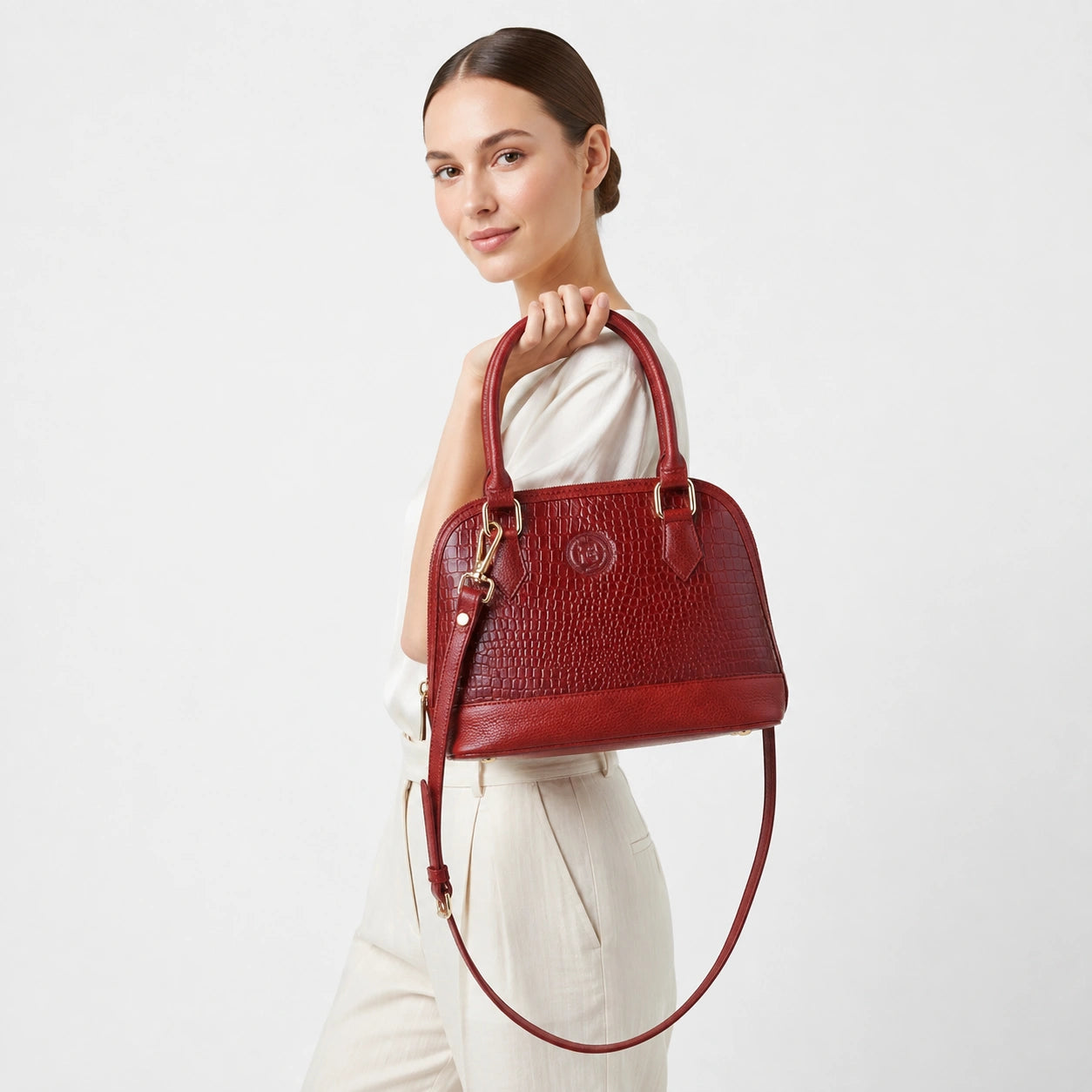 Monroe Croco Leather Satchel - Crimson Red