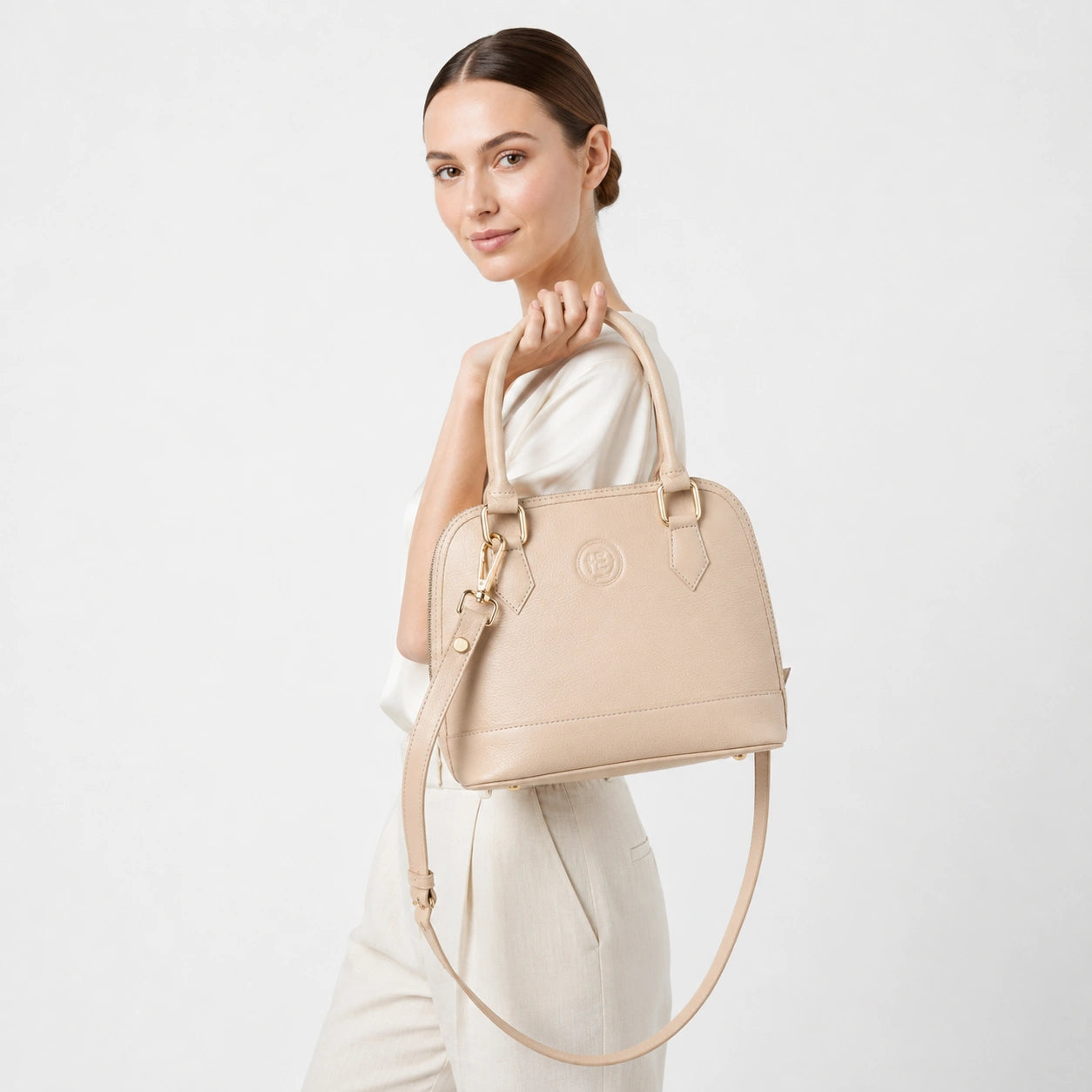 The Monroe Classic Leather Satchel - Beige Colour