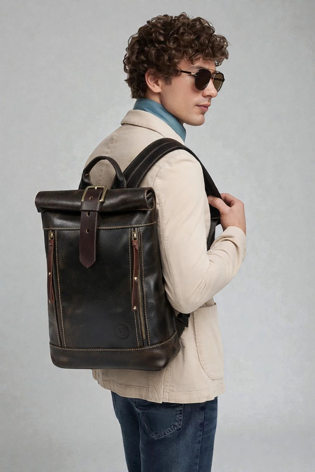 Explorer Vintage Leather Roll-Top Backpack | Espresso Brown
