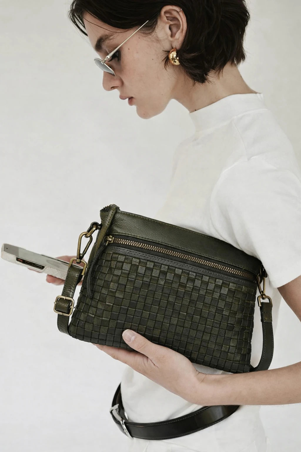 Woven Elegance Leather Handbag - Olive Colour