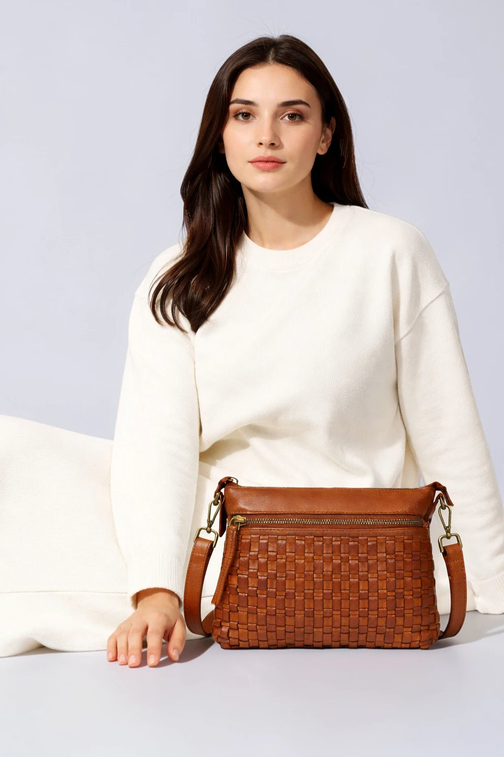 Woven Elegance Leather Handbag - Tan Colour