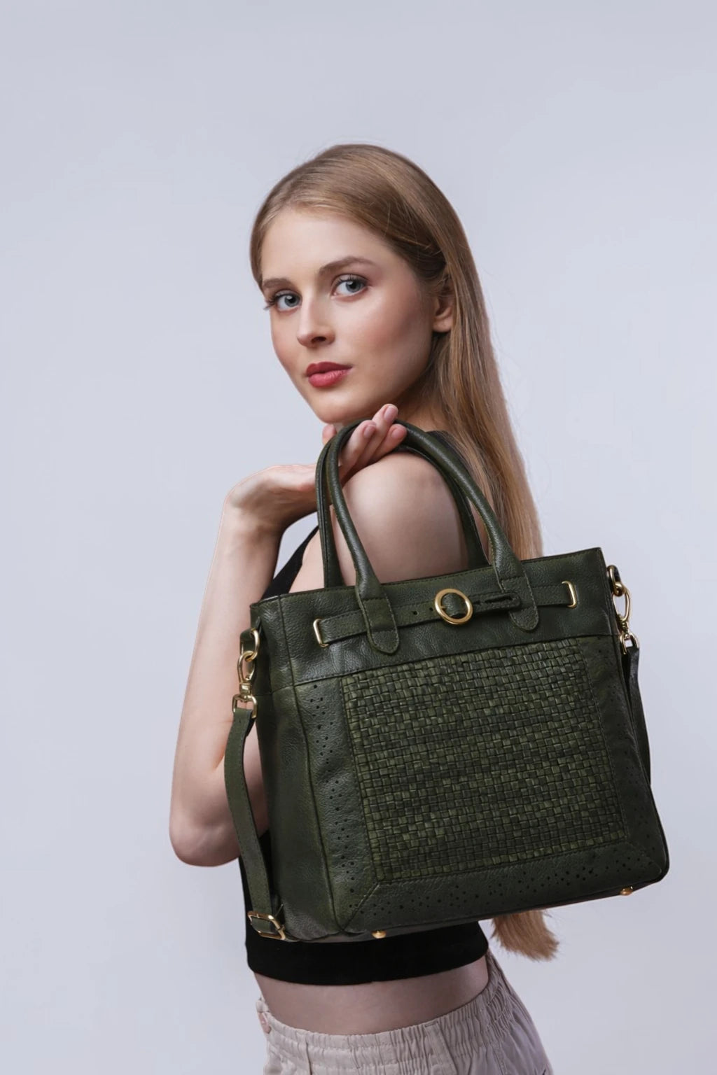 Vintage Woven Espresso Leather Women's Handbag - Olive Colour