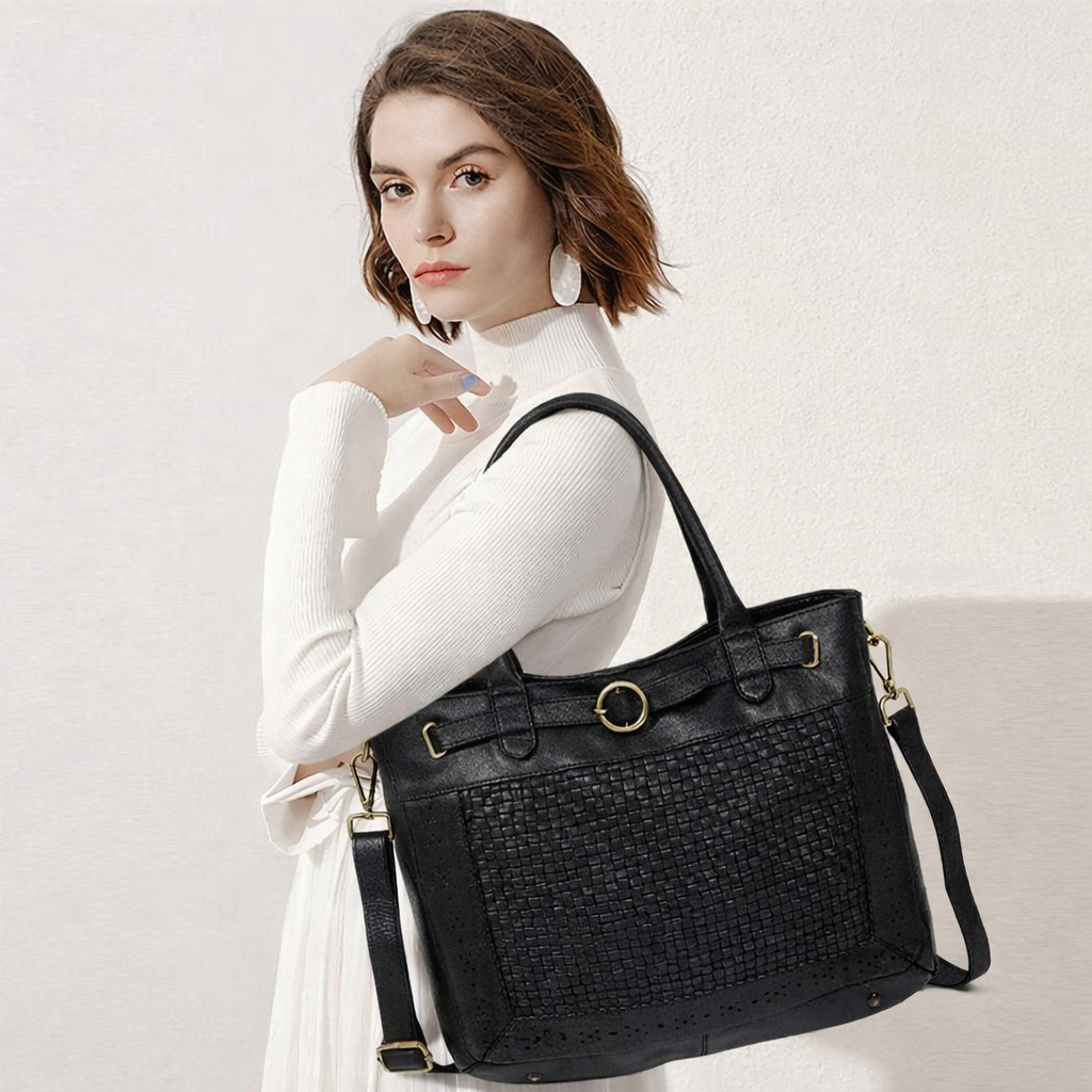 Vintage Woven Espresso Leather Women's Handbag - Black Colour