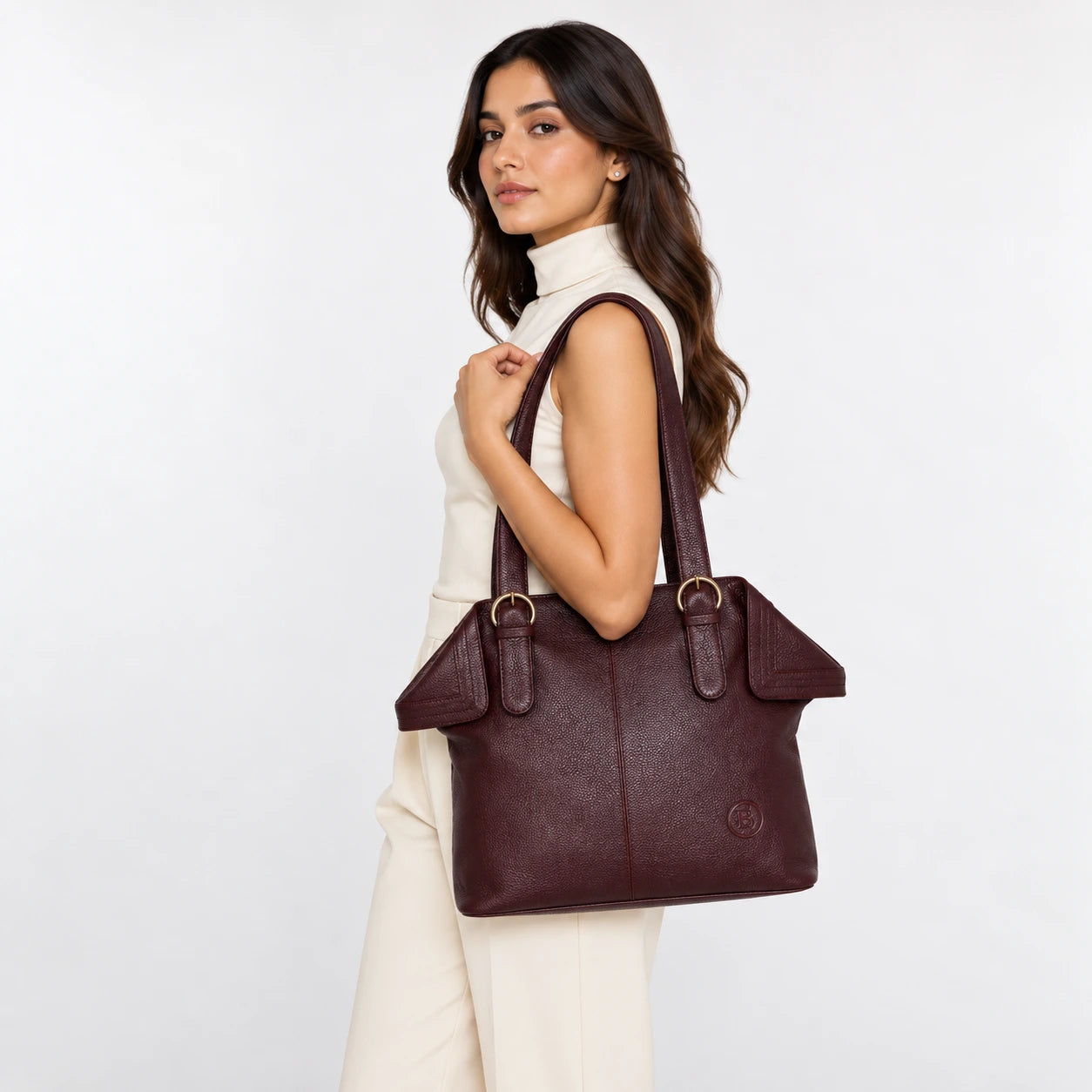 Aveline Leather Shoulder Tote – Maroon