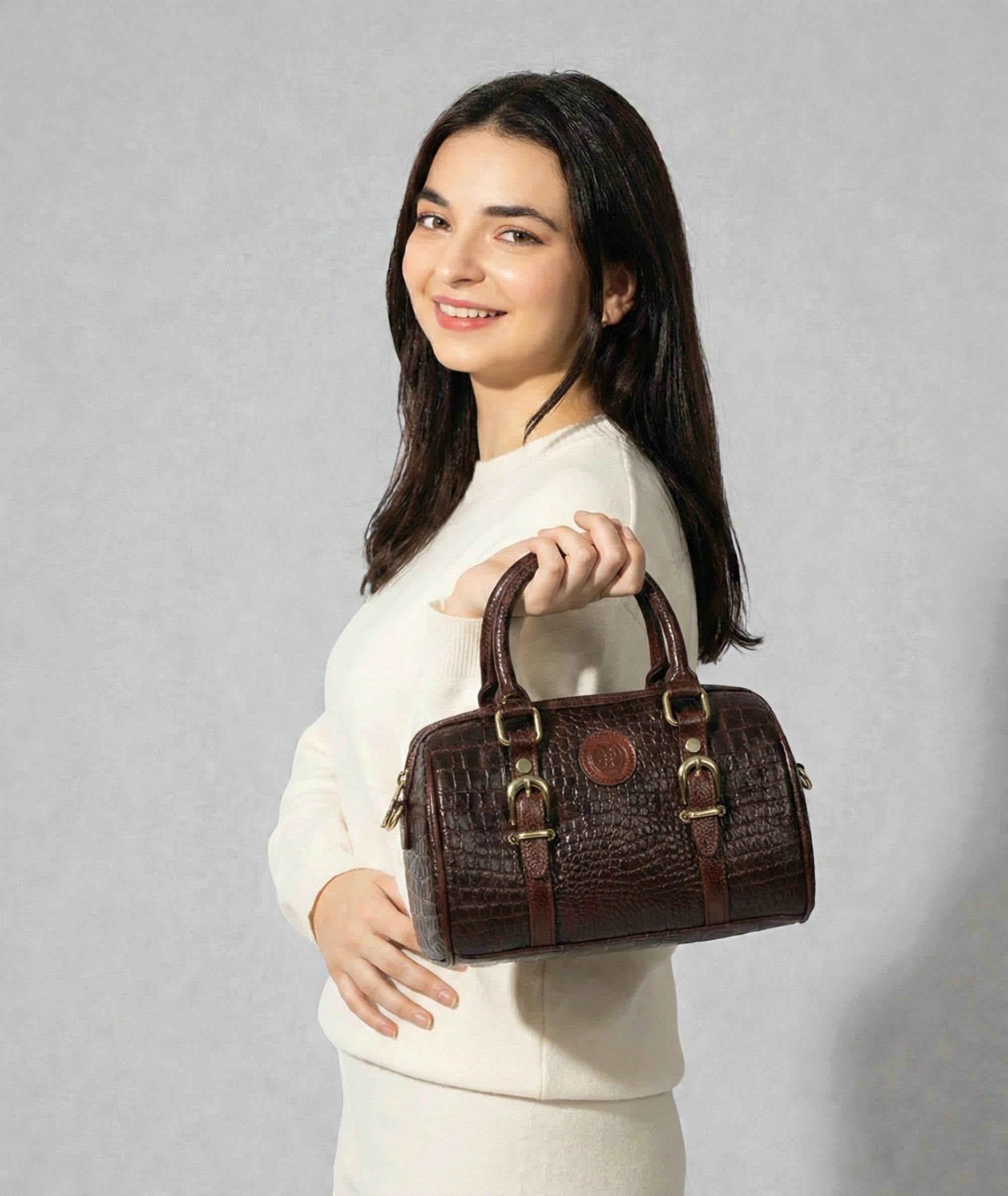 Emerald Luxe Croc Satchel Bag - Maroon colour