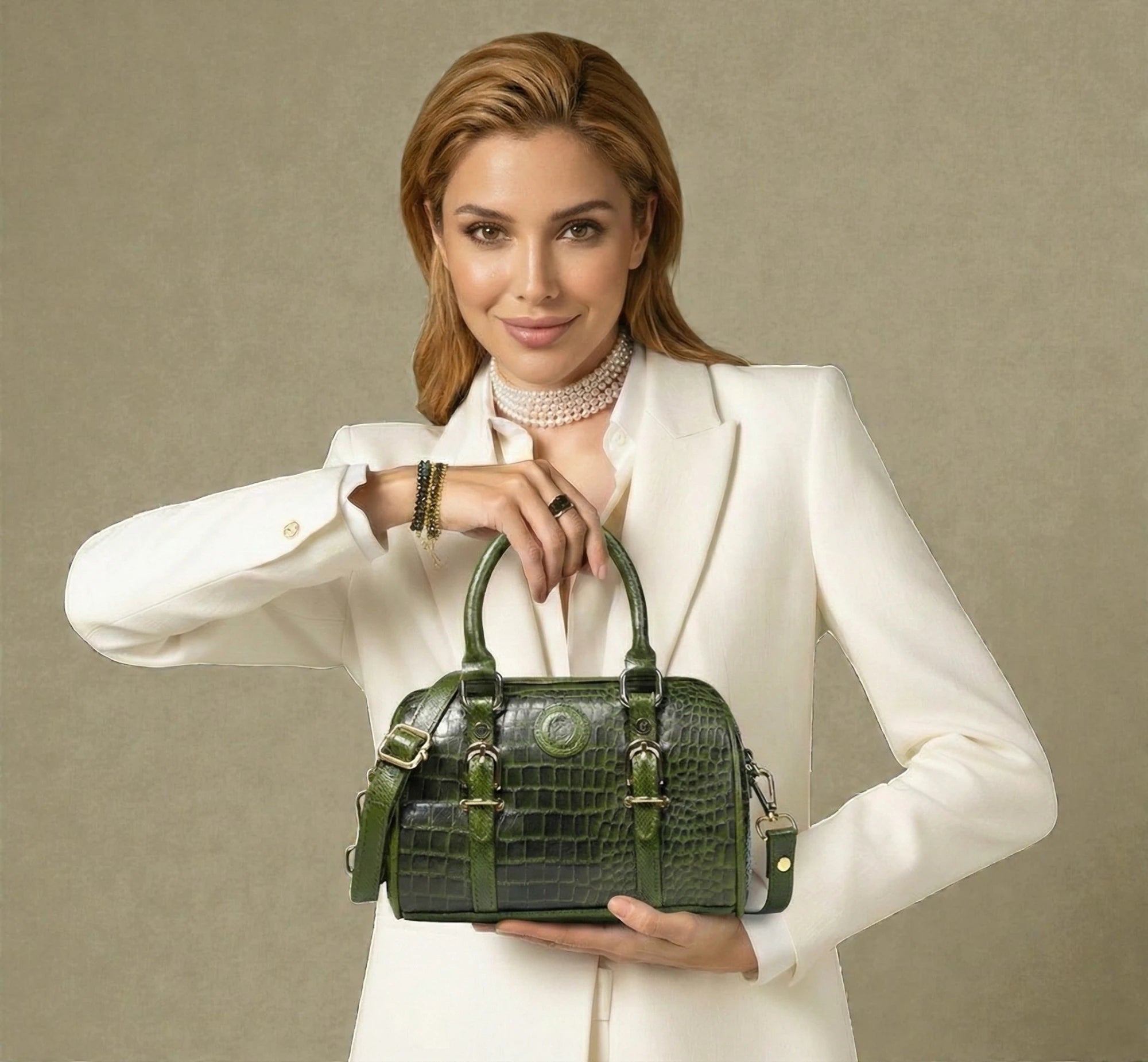 Emerald Luxe Croc Satchel Bag - Olive Colour