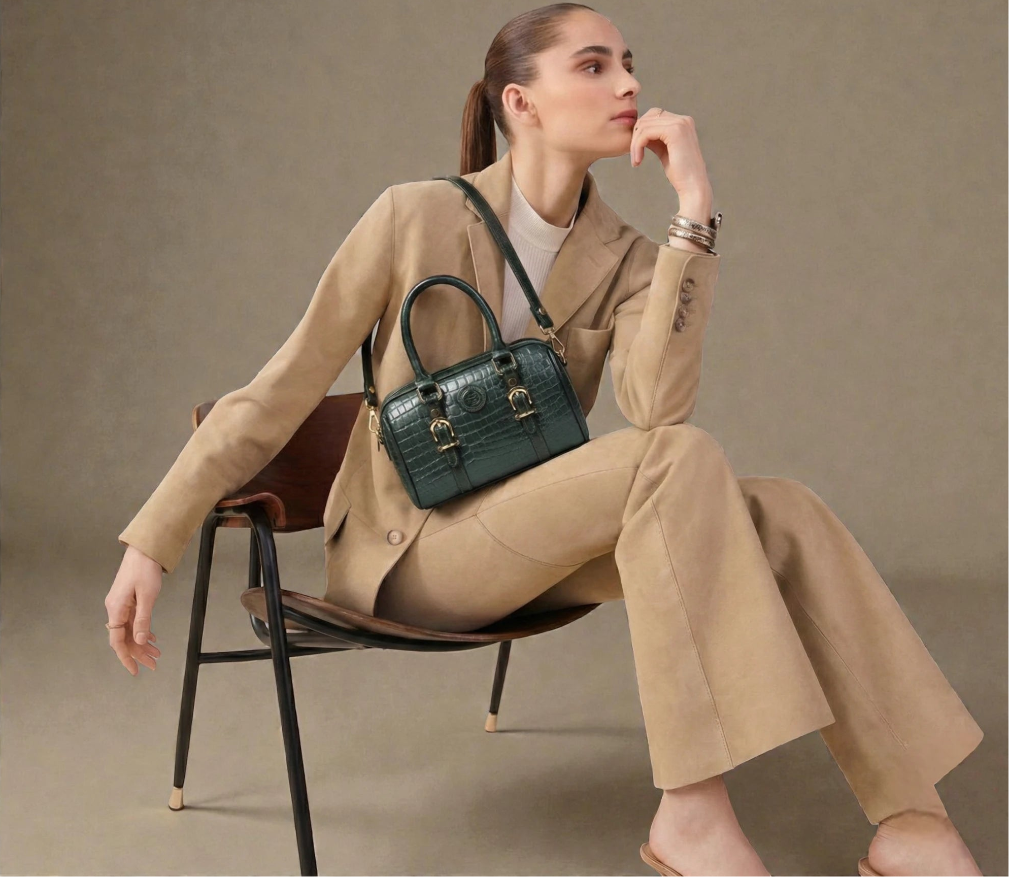 Emerald Luxe Croc Satchel Bag - Rich Green