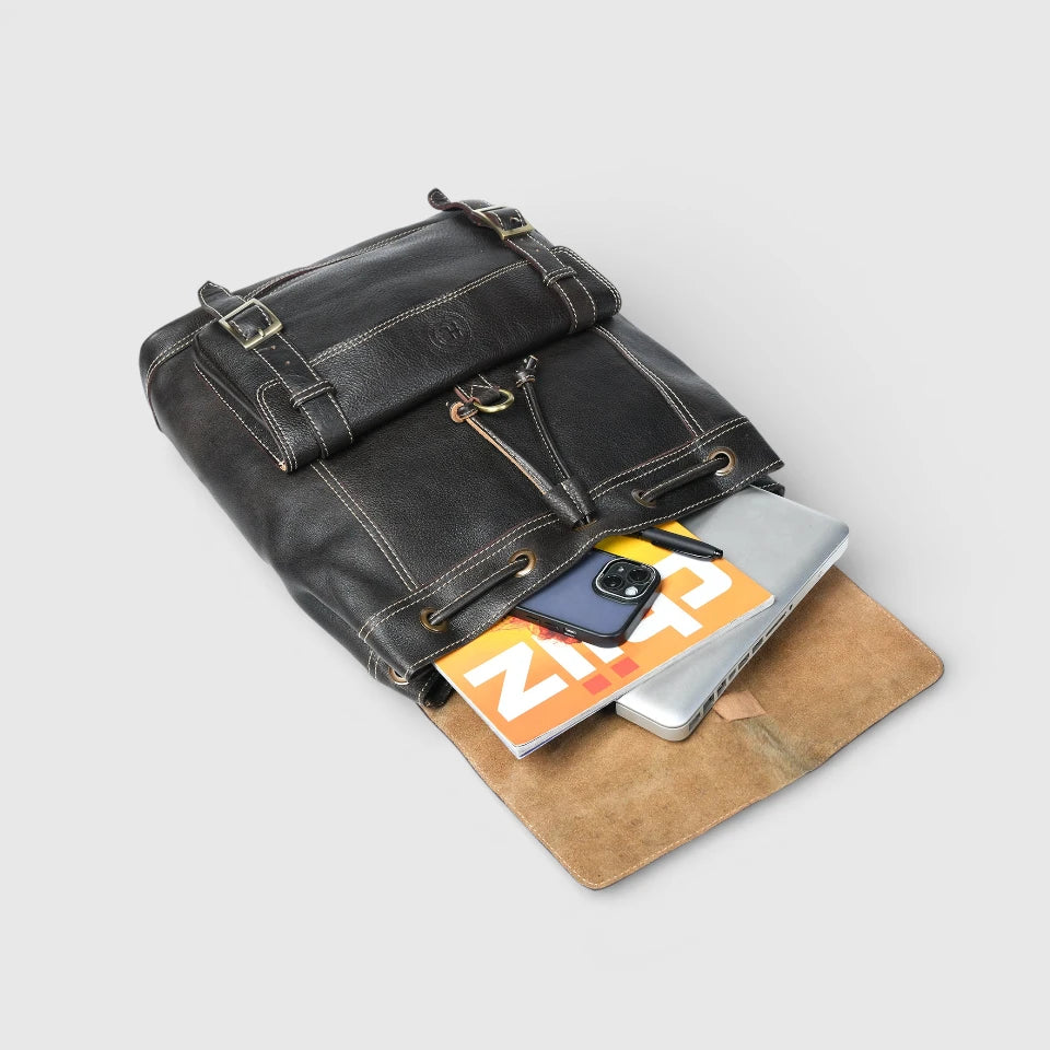 Heritage Explorer Vintage Leather Backpack – Multi-Pocket Travel & Work Backpack | Black colour