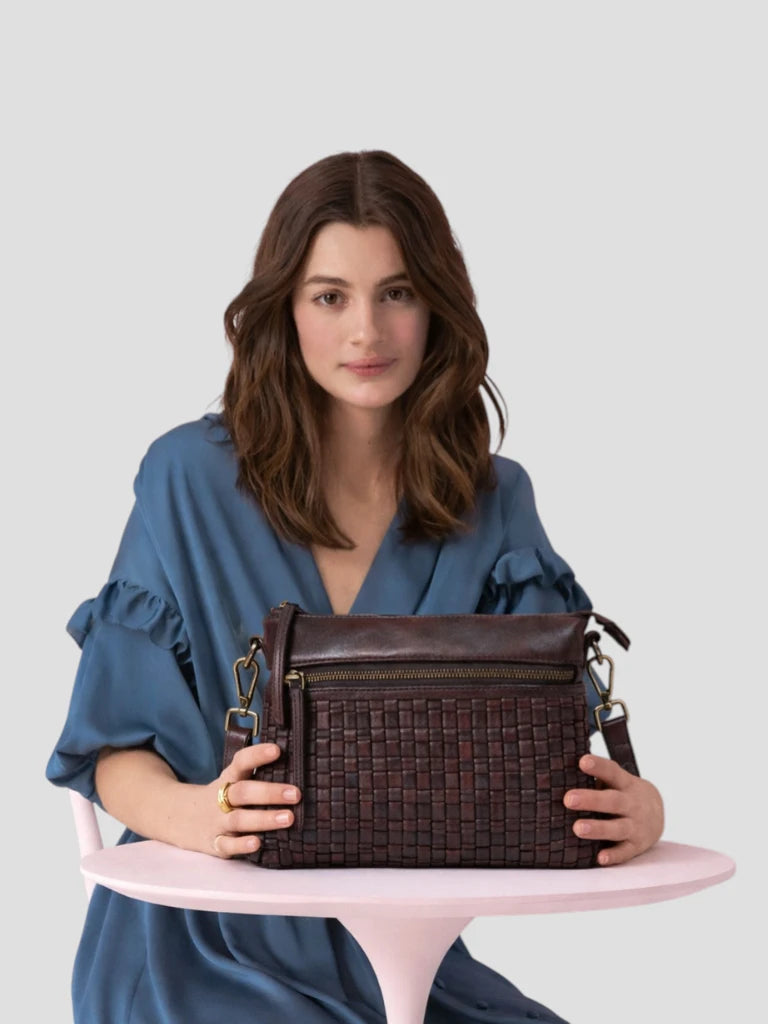 Woven Elegance Leather Handbag - Maroon colour