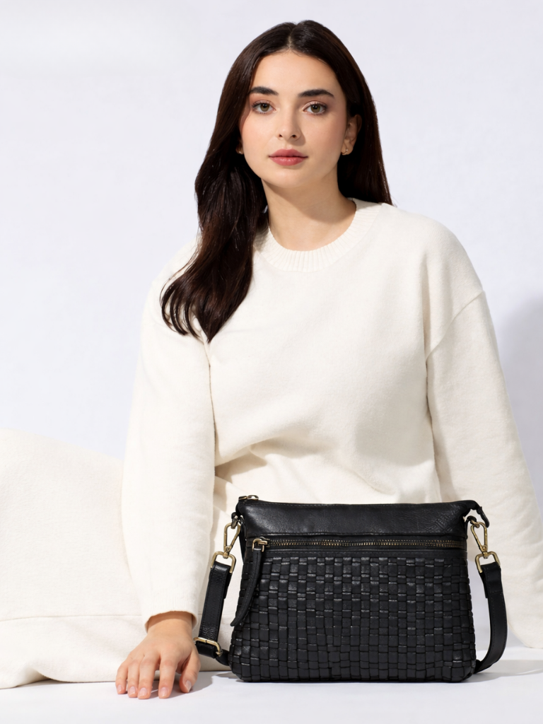 Woven Elegance Leather Handbag - Black Colour