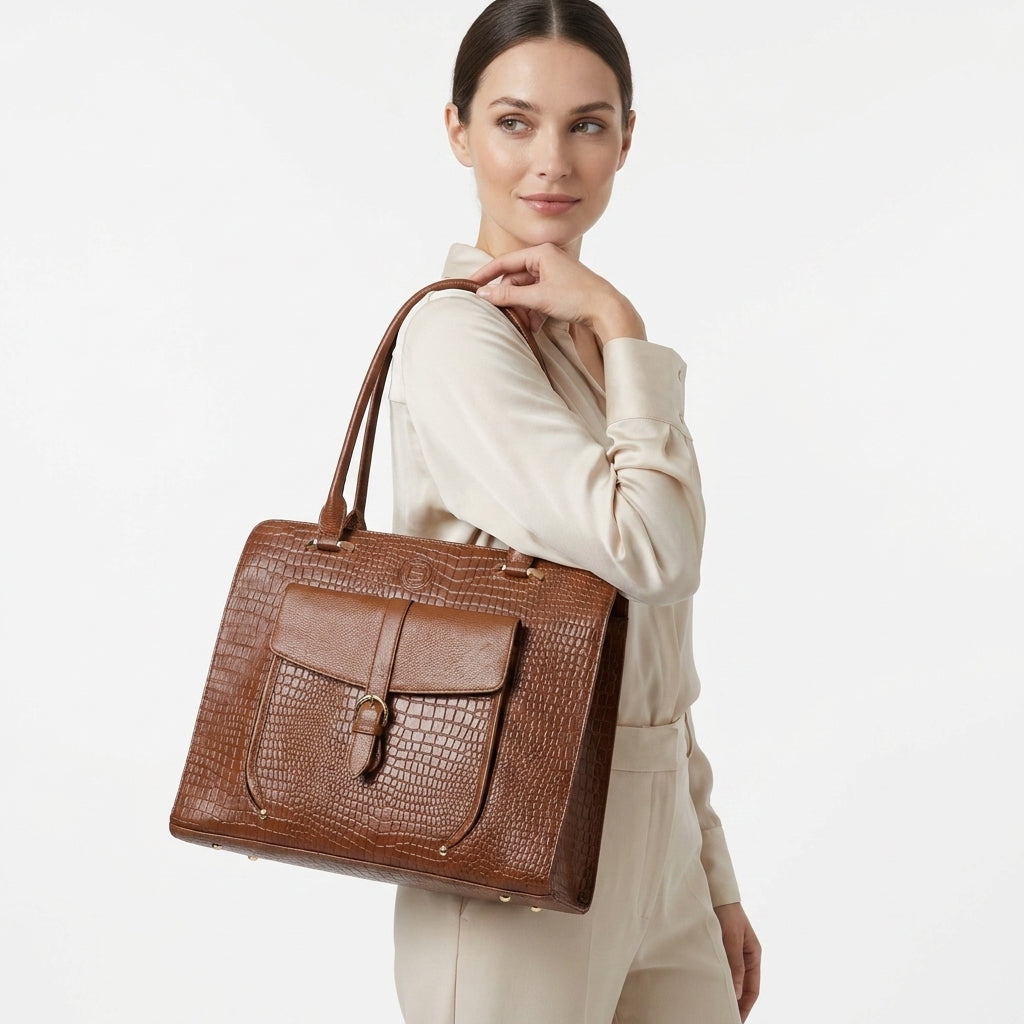 Verona Croco Office Tote - Tan color