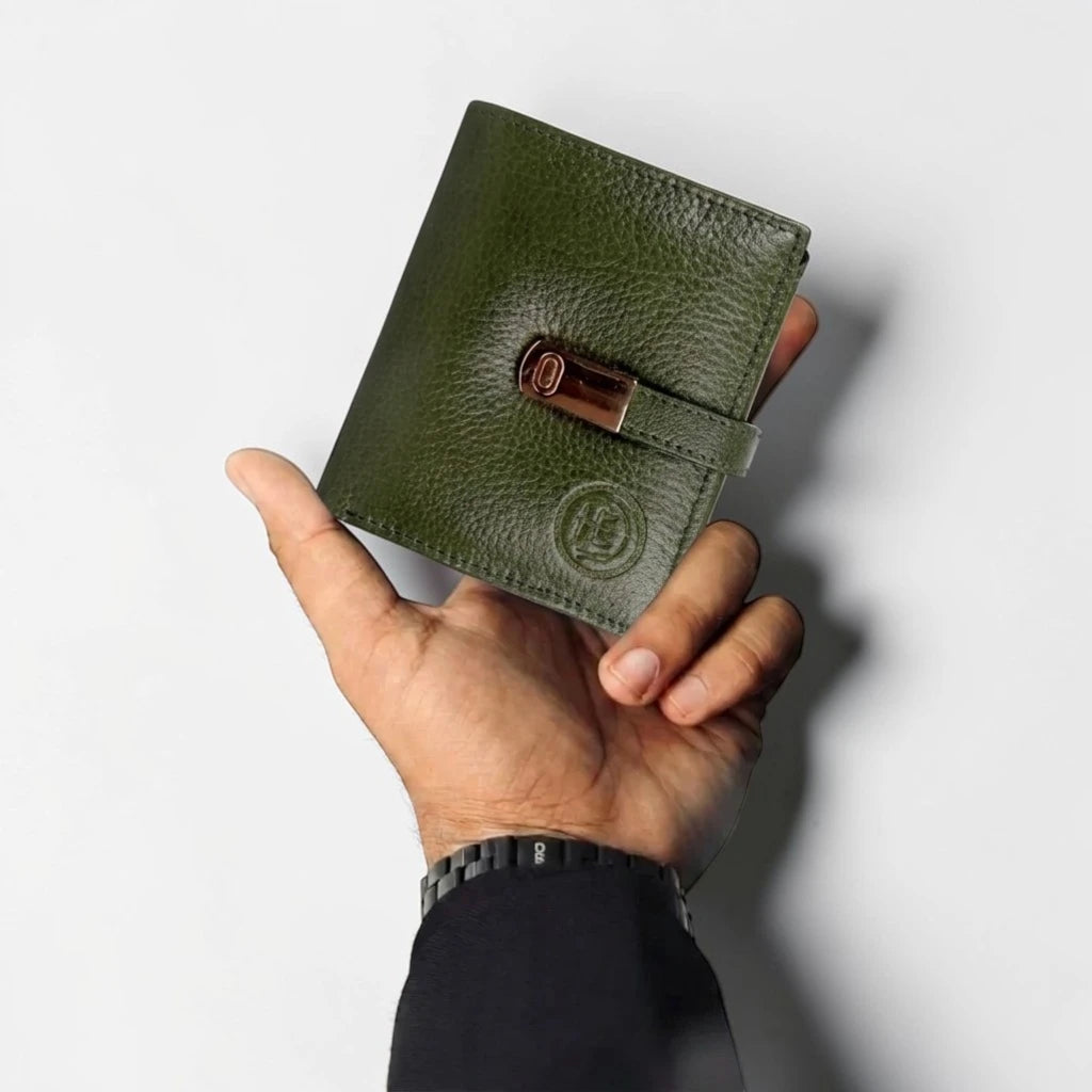 Crest Compact Leather Trifold Wallet – Olive Colour