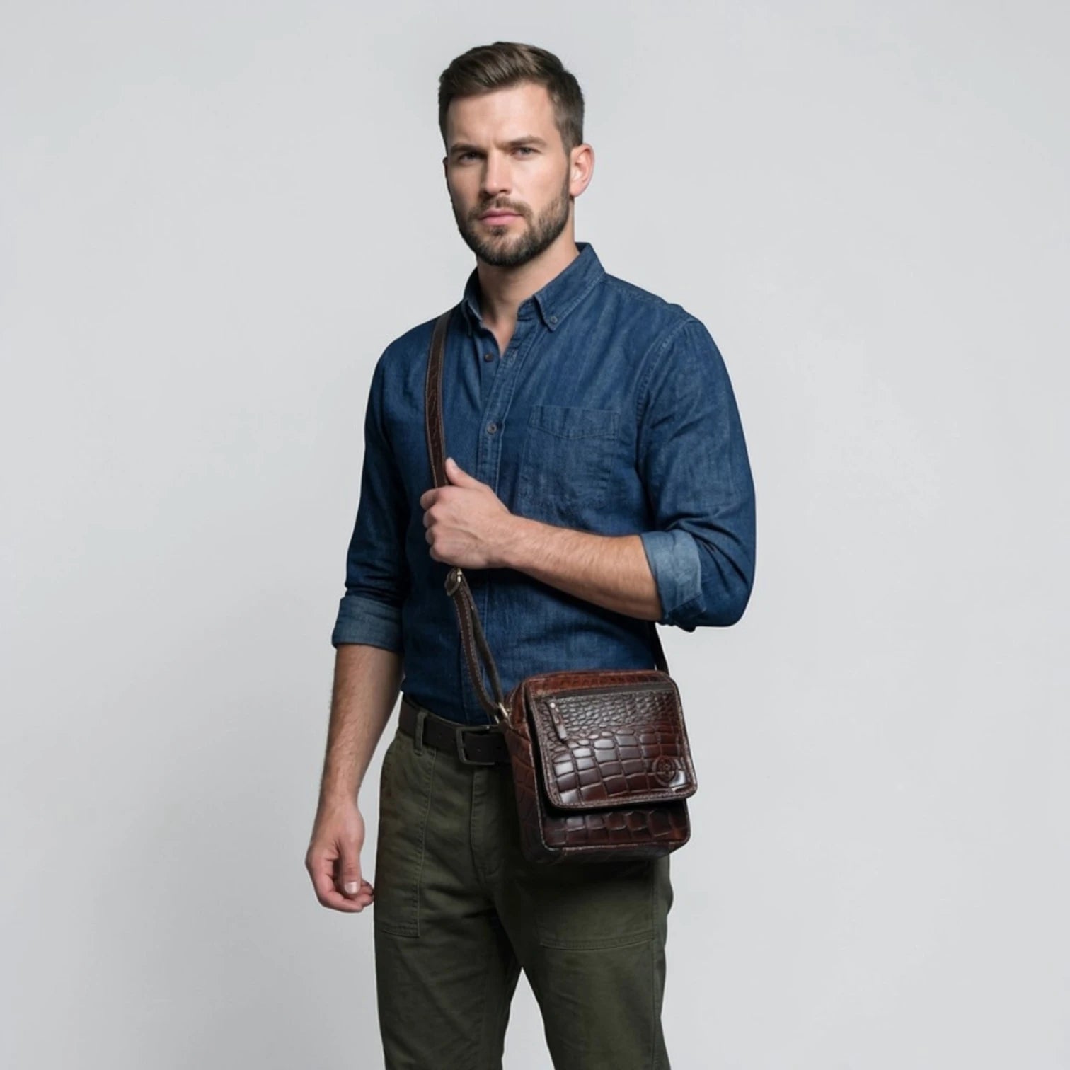 Croc-Embossed Vintage Leather Sling Bag